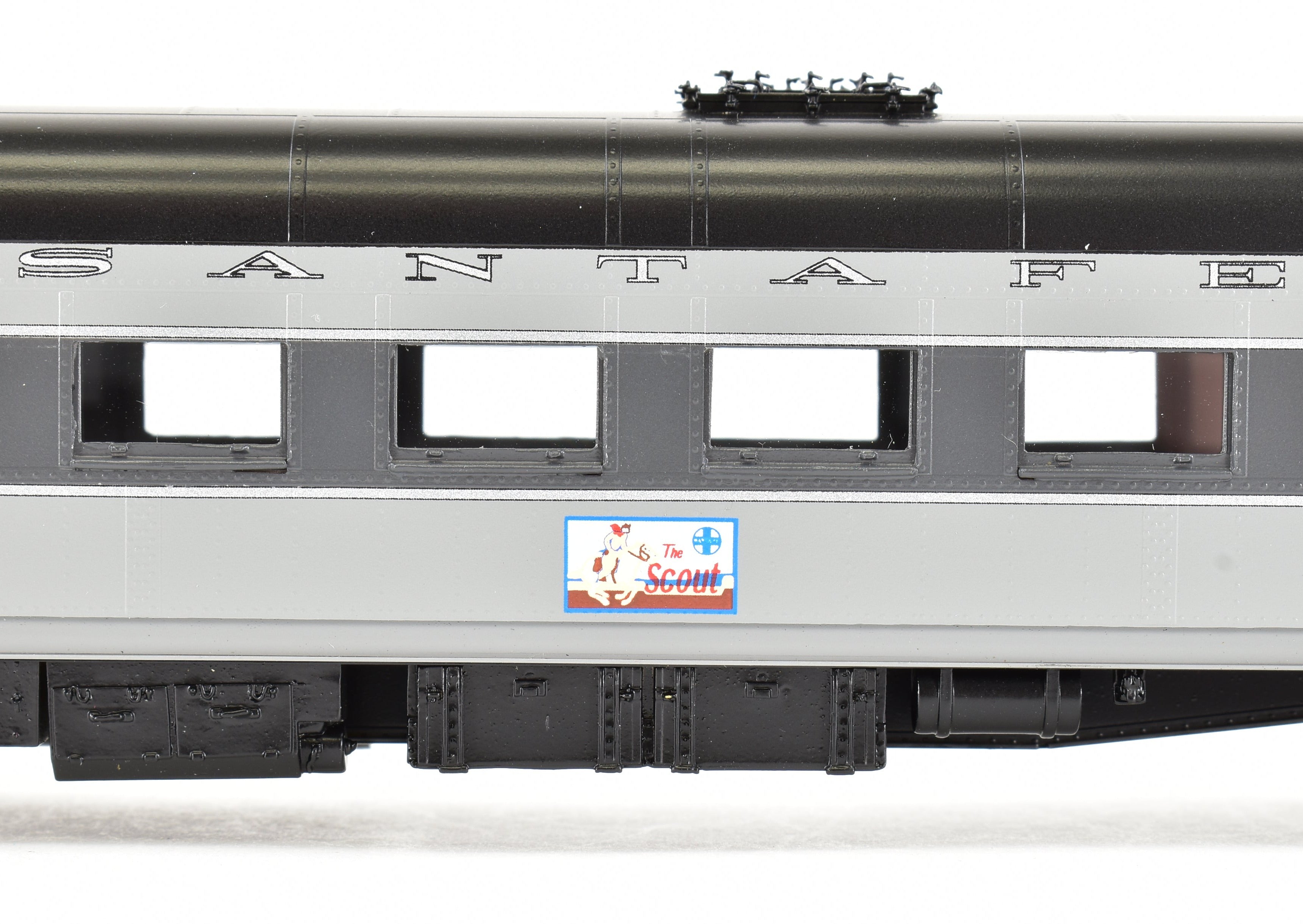 HO Scale Brass Model of Pecos River Brass ATSF - Santa Fe Heavyweight 3000 Series Chair Car FP Grey Named 'The Scout'