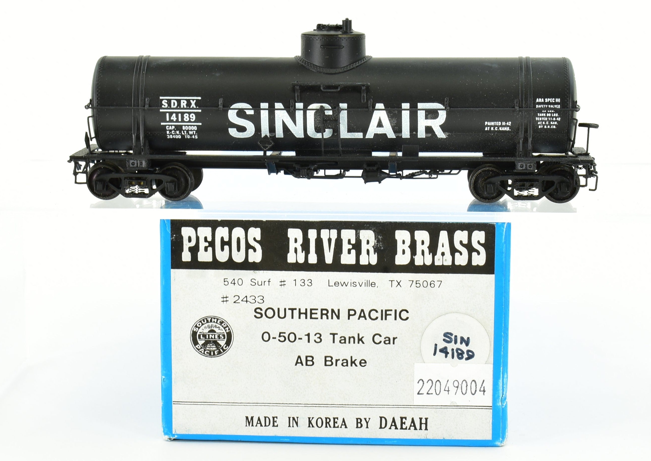 HO Brass Pecos River Southern Pacific 0-50-13 Pro-Painted Sinclair Oil Tank Car