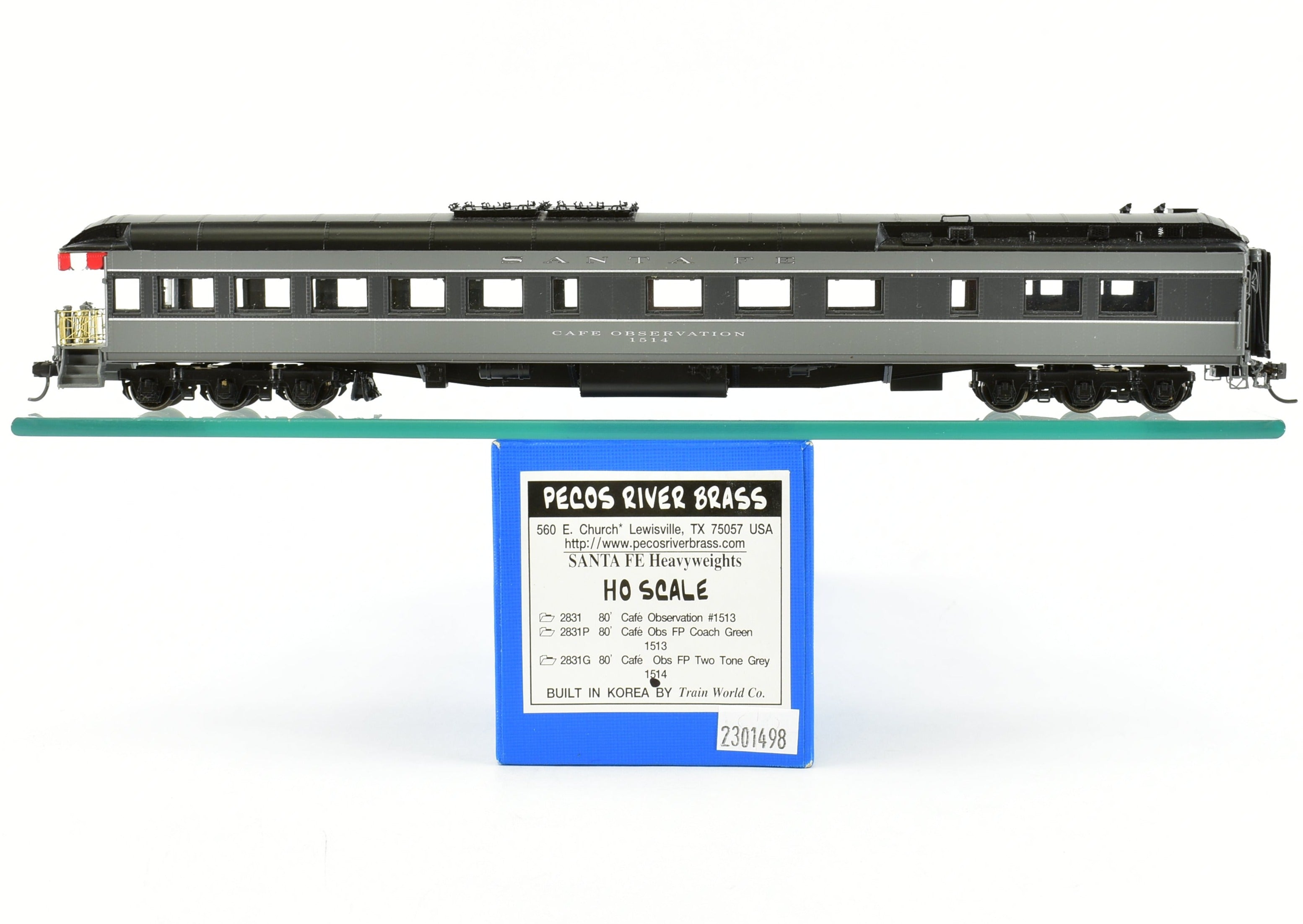 HO Scale Brass Model of Pecos River Brass ATSF - Santa Fe 80 - Foot Cafe Observation Car #1514 in Two - Tone Grey Finish for Model Train Enthusiasts