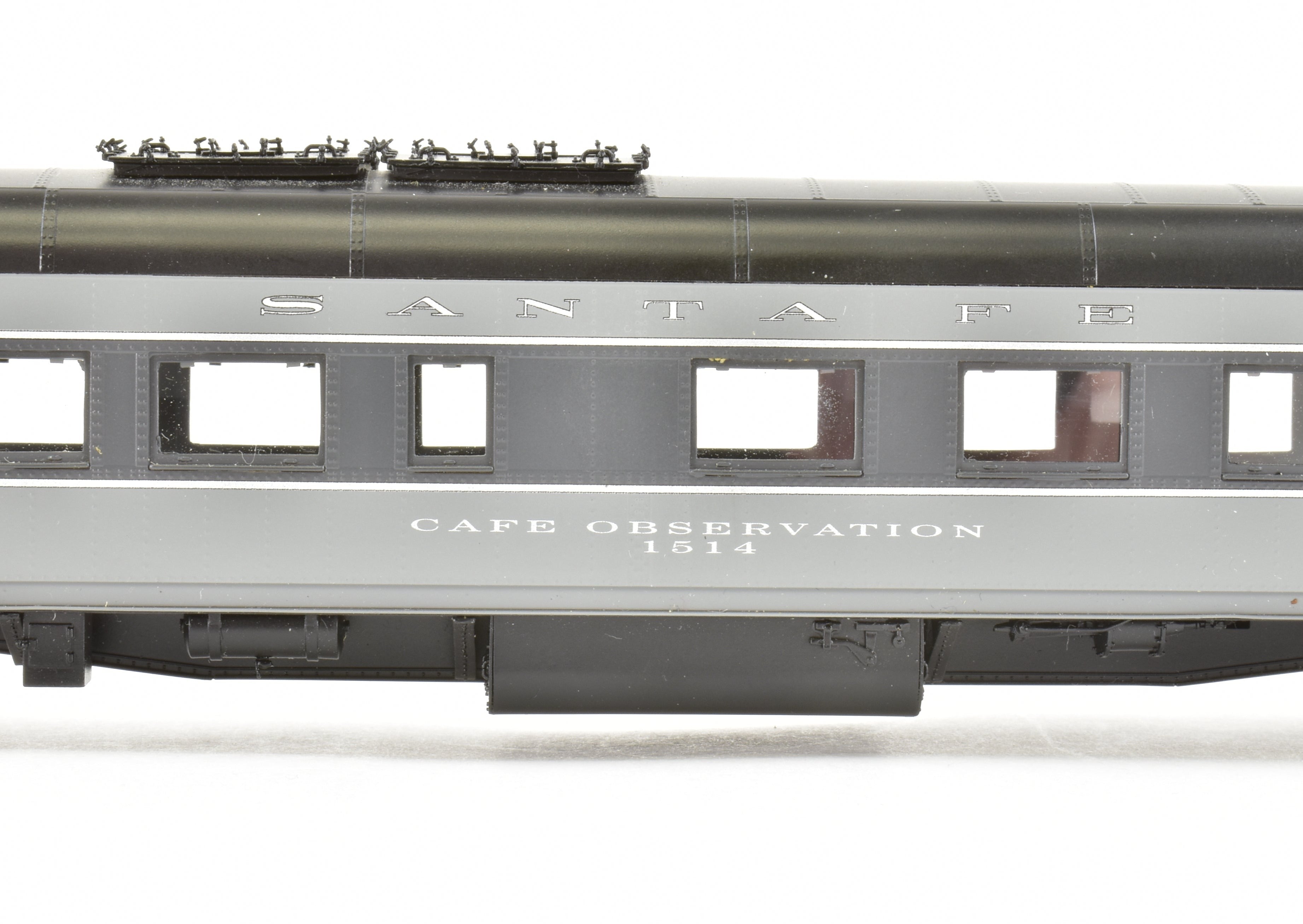 HO Scale Brass Model of Pecos River Brass ATSF - Santa Fe 80 - Foot Cafe Observation Car #1514 in Two - Tone Grey Finish for Model Train Enthusiasts
