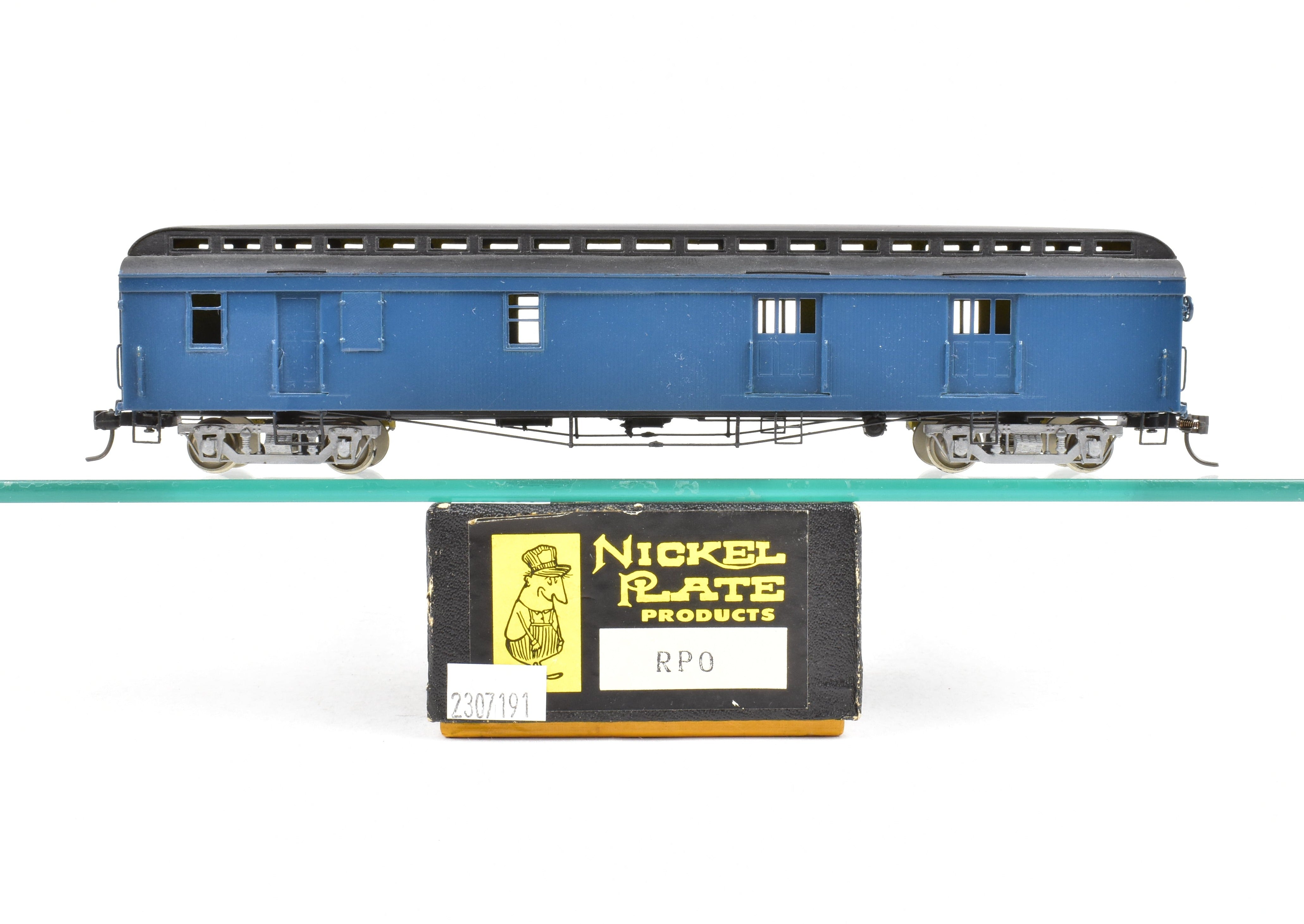 HO Scale Brass Nickel Plate Products (NPP) New York Ontario & Western (NYO&W) Baggage Express RPO Car with Custom Blue Paint and Grey Roof, Hand - Painted Model