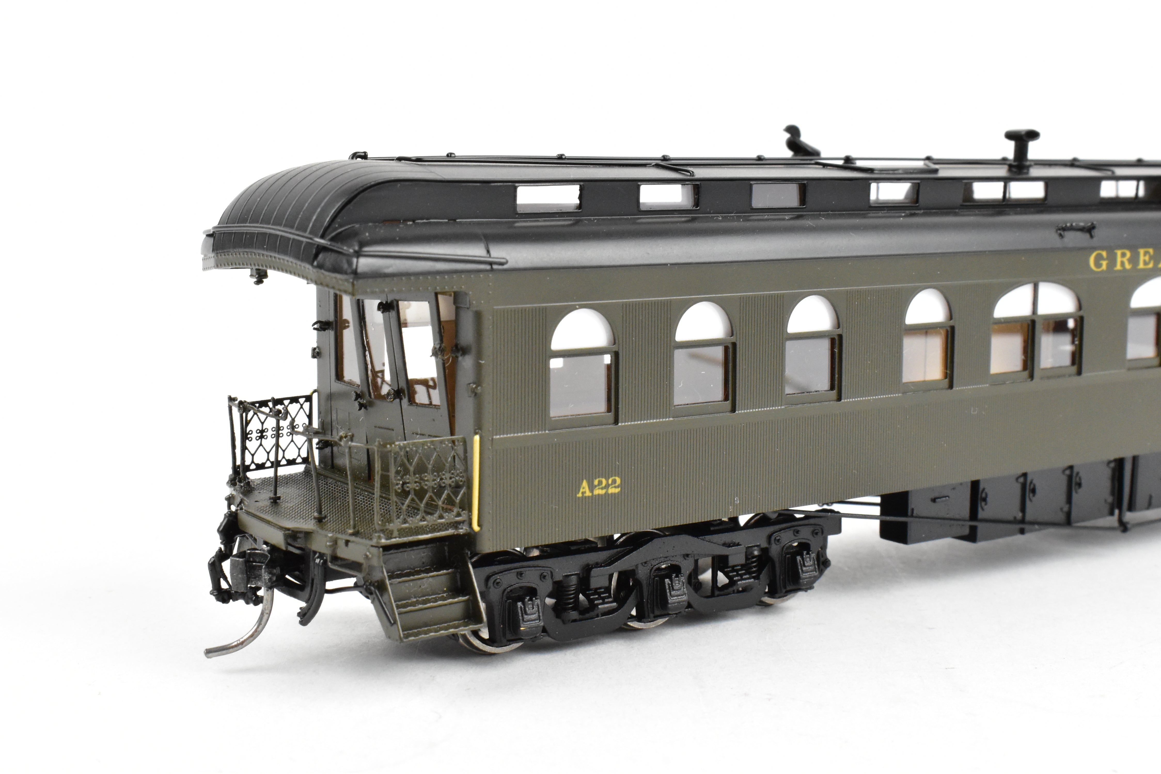 HO Scale Brass Model Train - North Bank Line (GN - Great Northern) A22 Business Car with Wood Sides in Pullman Green, Damaged - Sold As Is