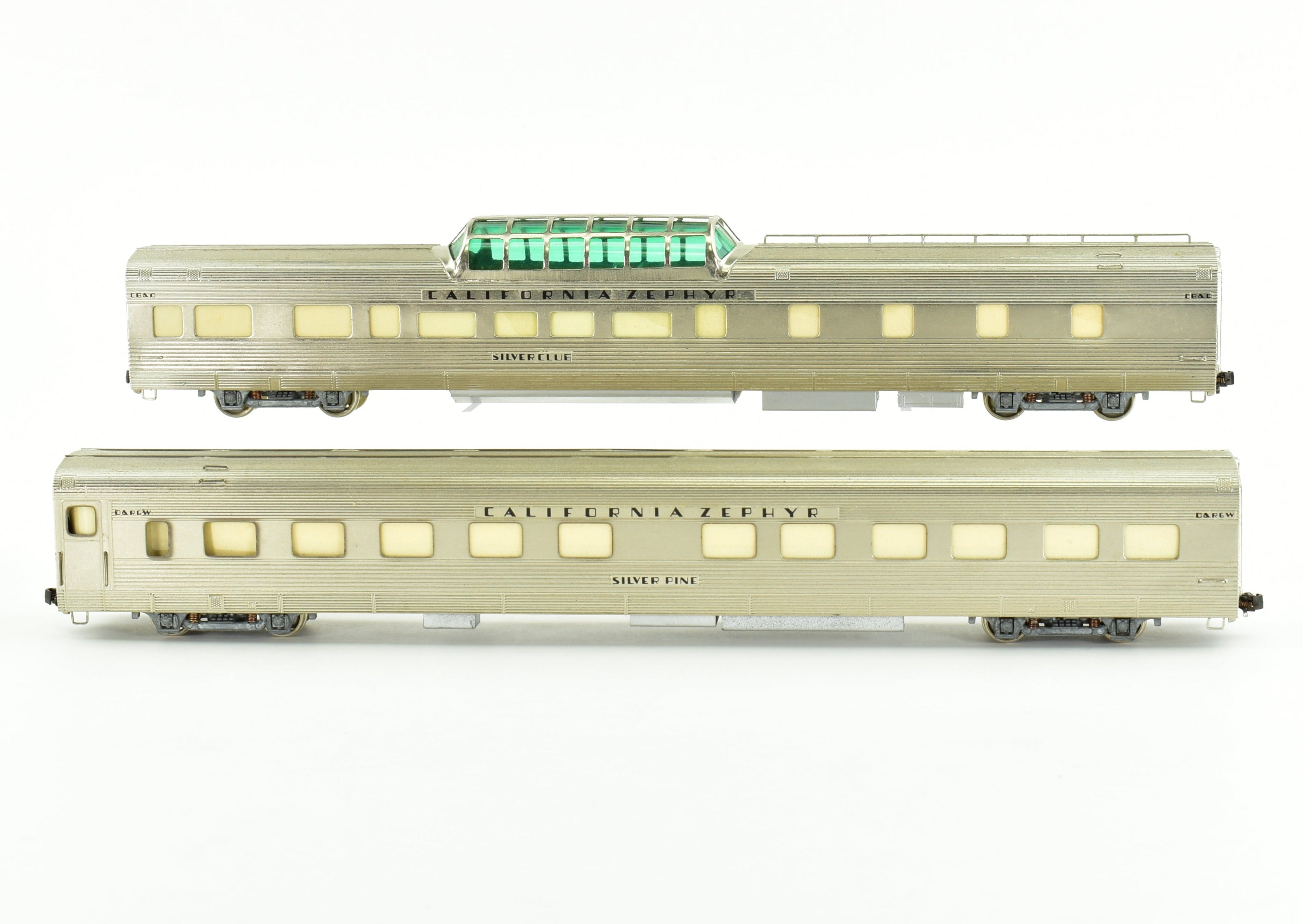 HO Scale Brass Model Train Set of Nickel Plate Products (NPP) Featuring CB&Q - Burlington Route, WP & D&RGW California Zephyr Buffet Lounge, Dome, Pullman Sleeper