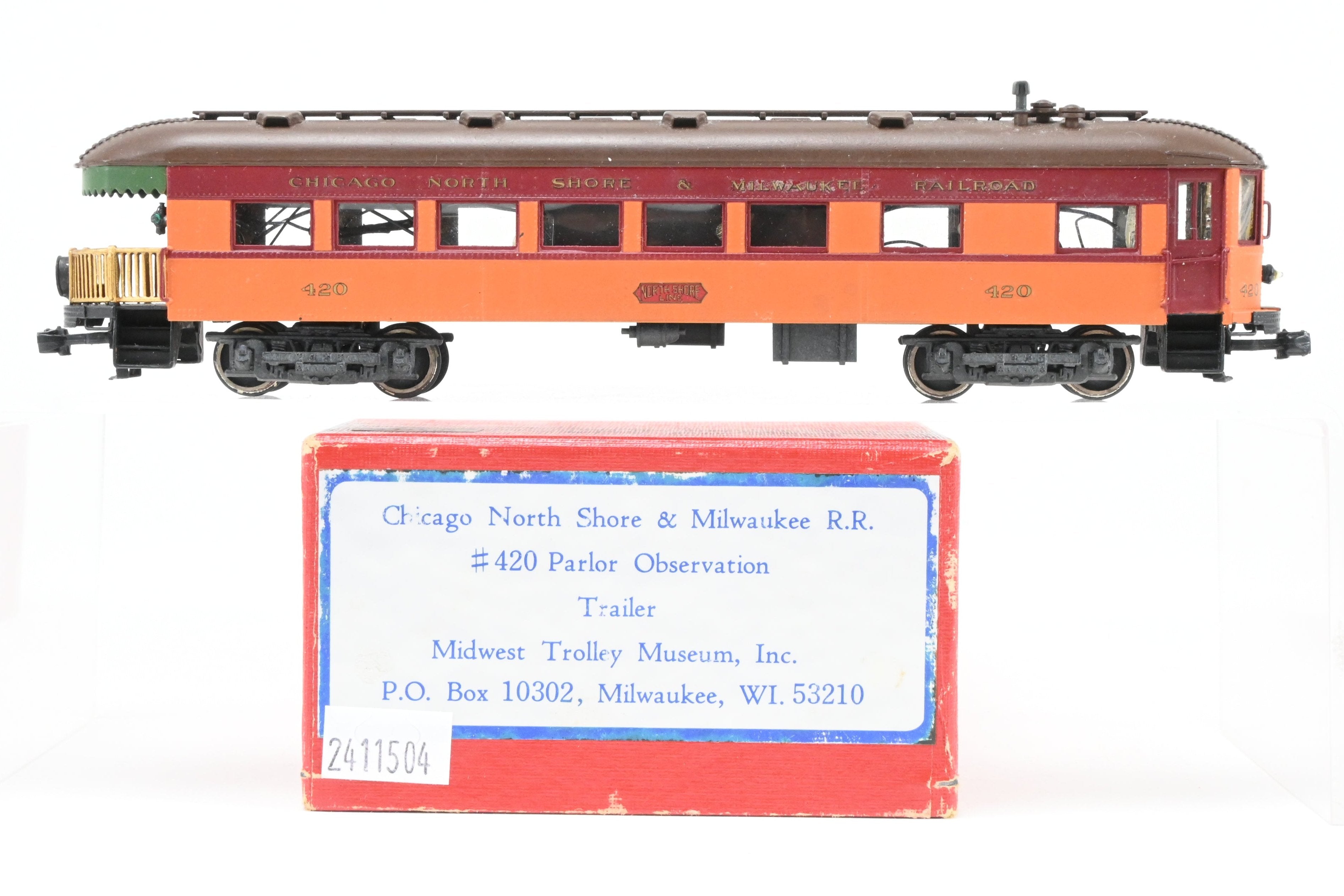 HO Scale Brass Model Parlor Observation Trailer - Midwest Trolley Museum CNS&M - North Shore Line No. 420 with Functioning Marker Lamps
