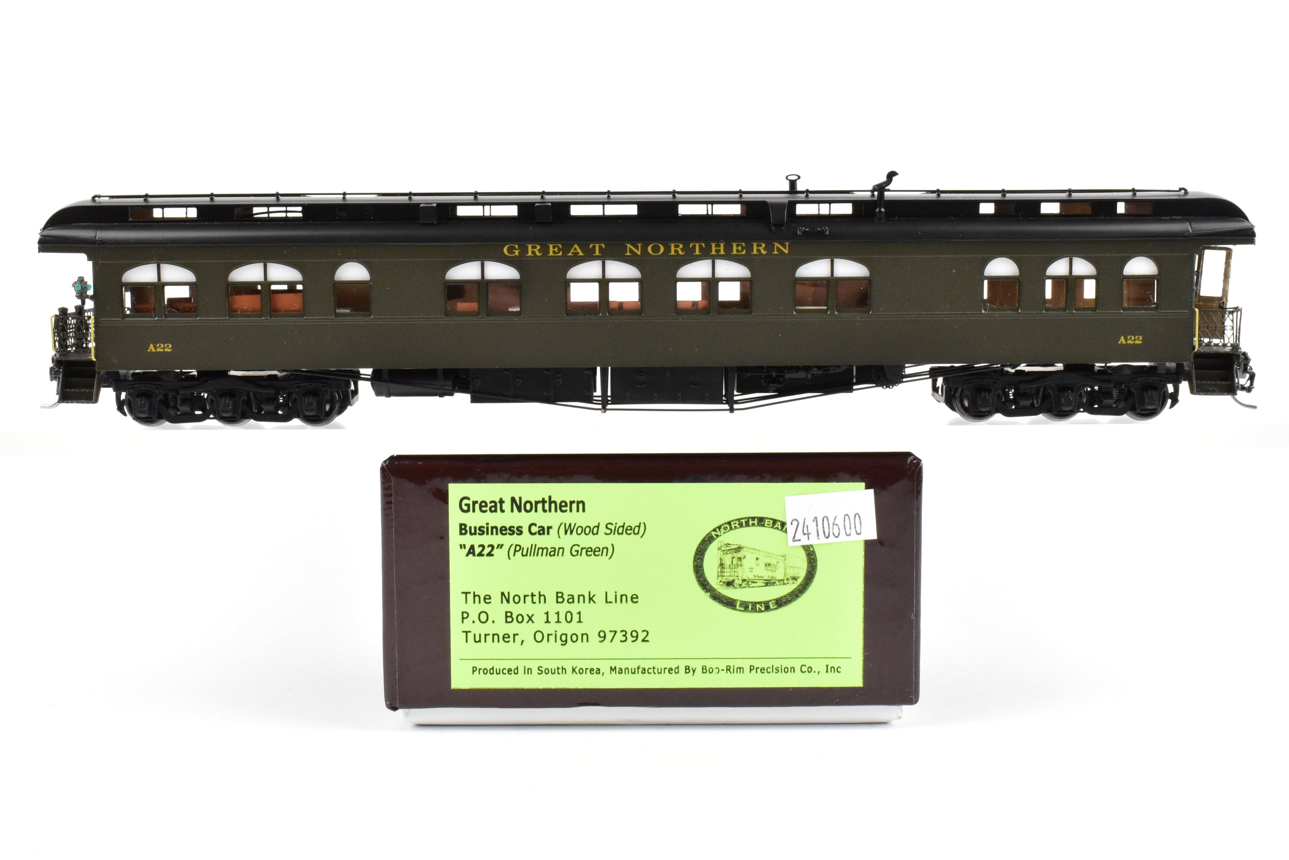 HO Scale Brass Model Train - North Bank Line (GN - Great Northern) A22 Business Car with Wood Sides in Pullman Green, Damaged - Sold As Is