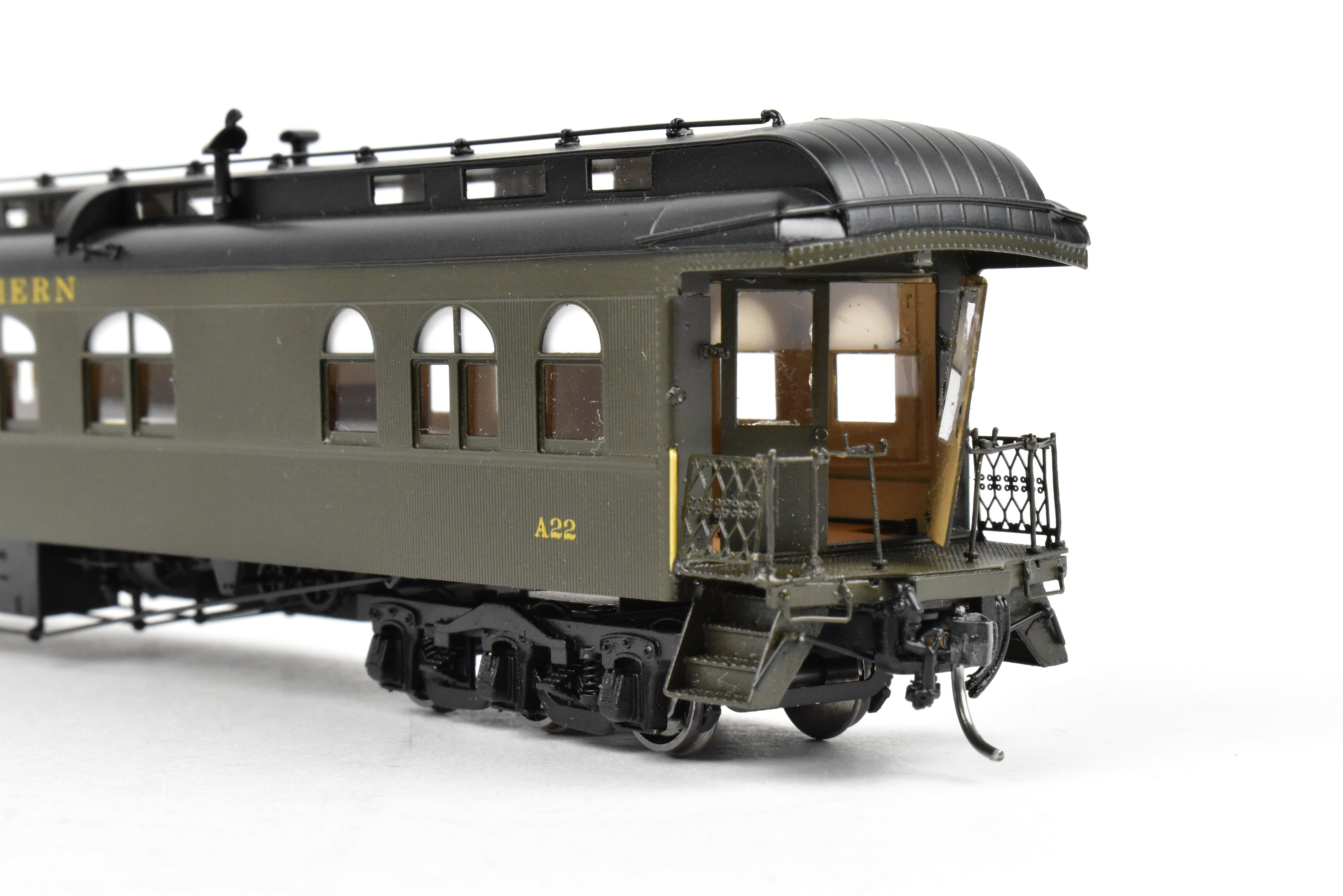 HO Scale Brass Model Train - North Bank Line (GN - Great Northern) A22 Business Car with Wood Sides in Pullman Green, Damaged - Sold As Is