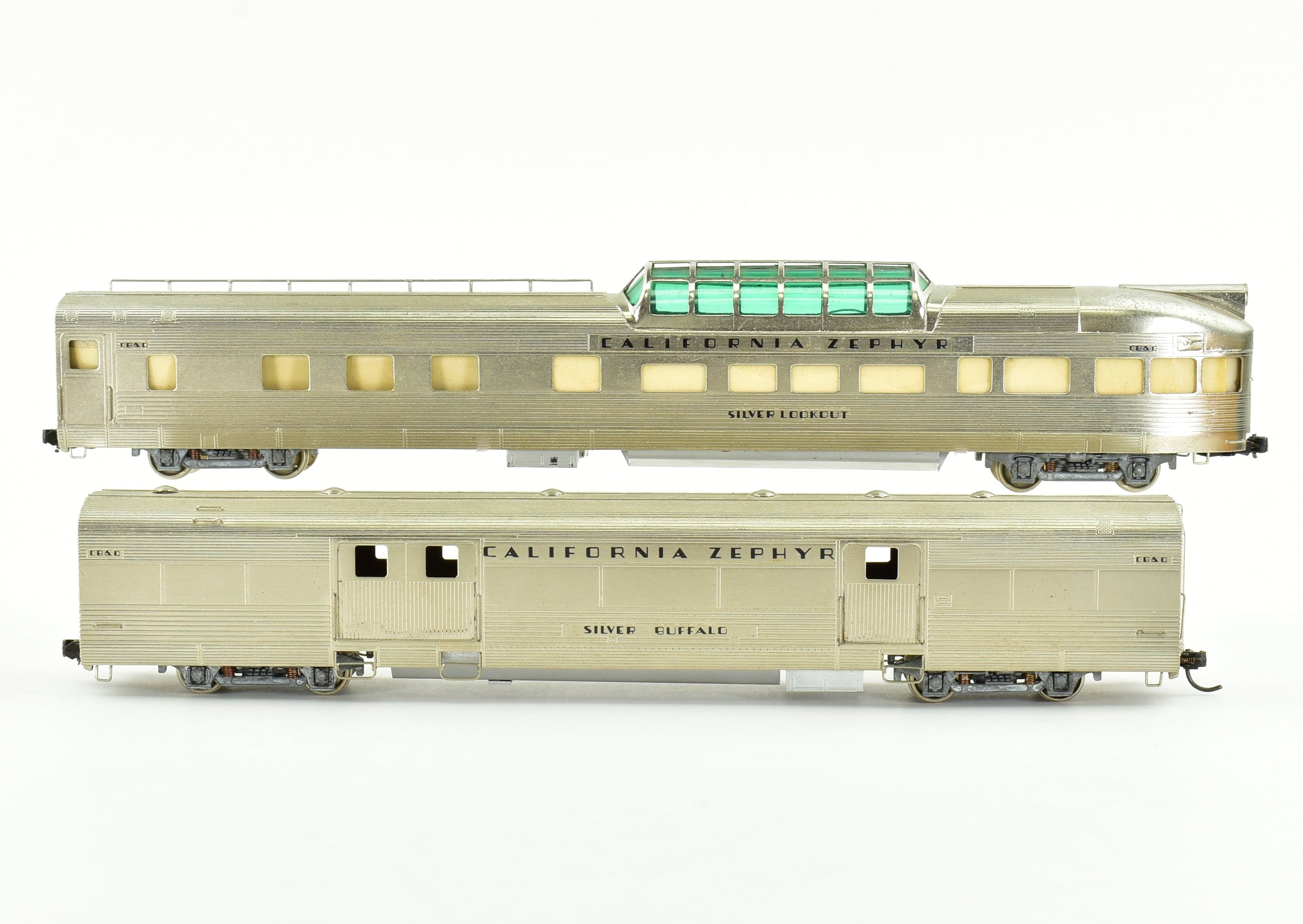 HO Scale Brass Nickel Plate Products (NPP) CB&Q - Burlington Route, WP & D&RGW California Zephyr Dome - Observation Baggage Train Set Model