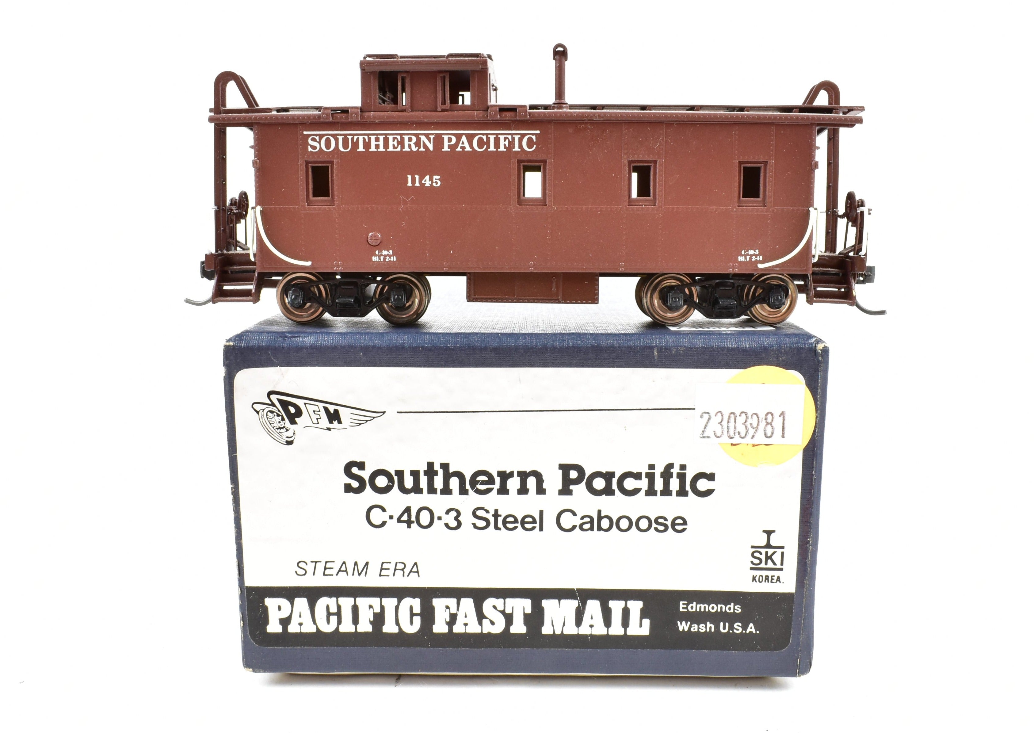 HO Scale Brass Pacific Fast Mail (PFM) SKI SP Southern Pacific Steam Era C - 40 - 3 Steel Caboose, Factory Painted with Road Number 1145