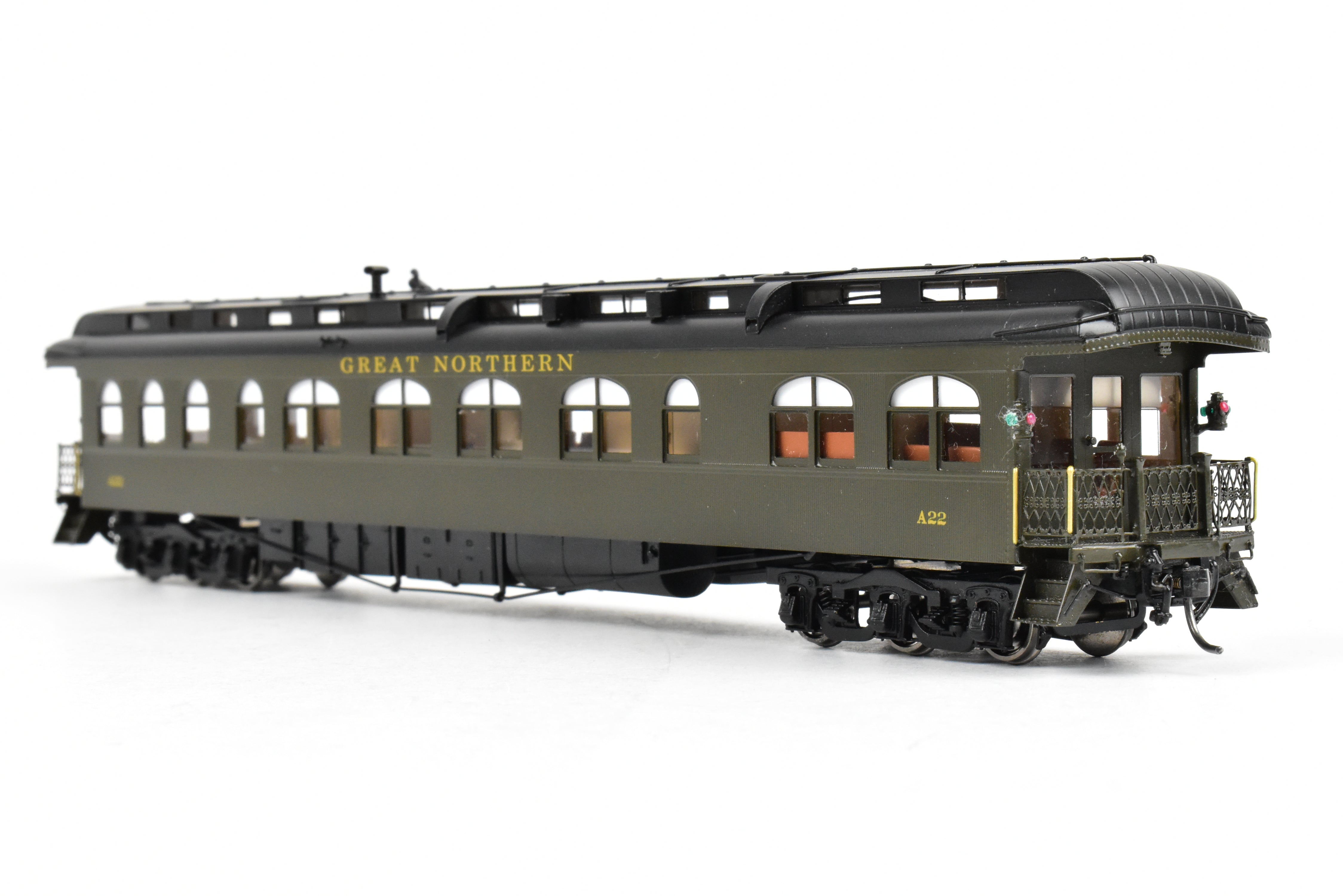 HO Scale Brass Model Train - North Bank Line (GN - Great Northern) A22 Business Car with Wood Sides in Pullman Green, Damaged - Sold As Is