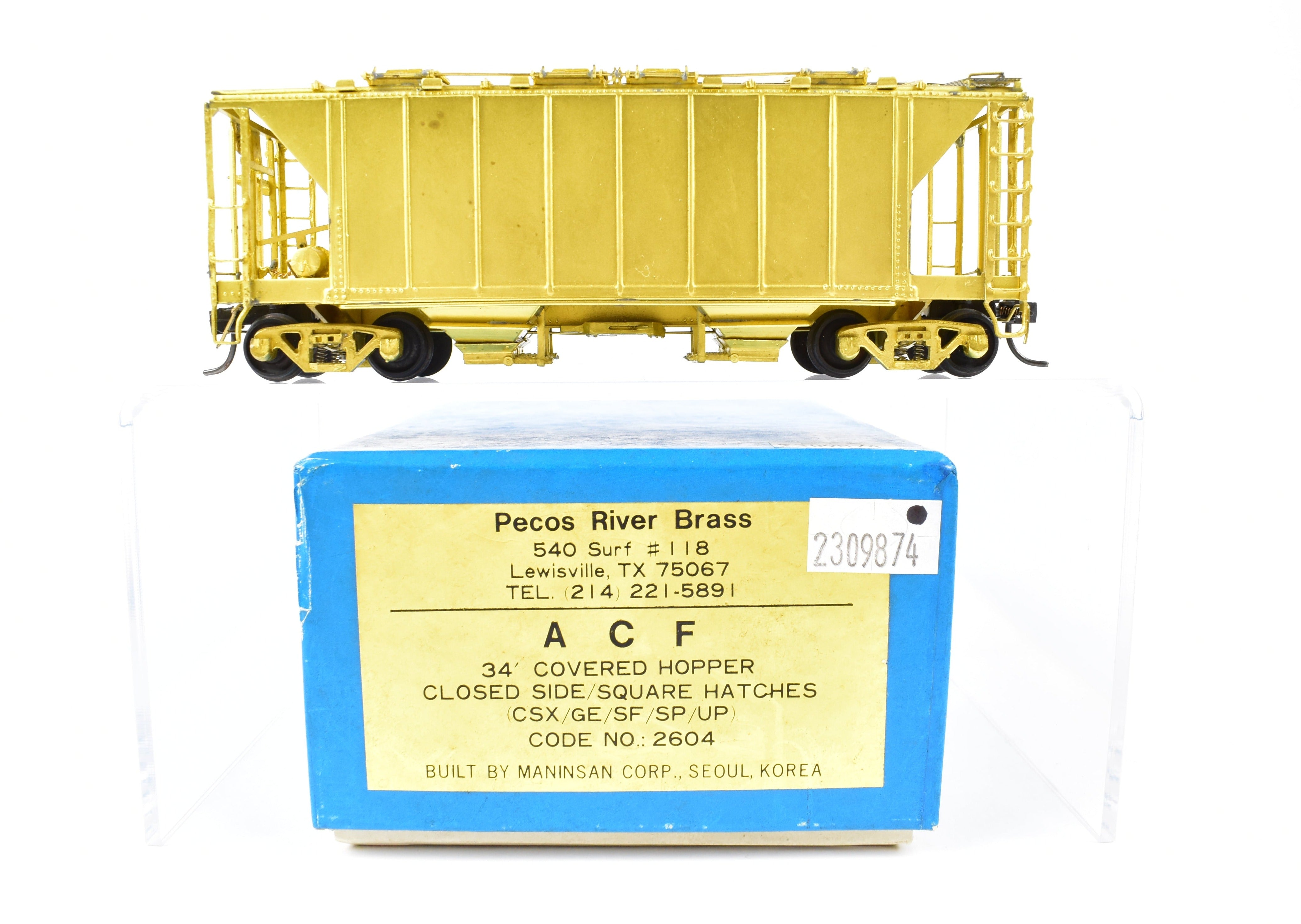 HO Scale Brass 34-Foot Covered Hopper with Closed Sides and Square Hatches from Pecos River Brass for Various Roads ACF