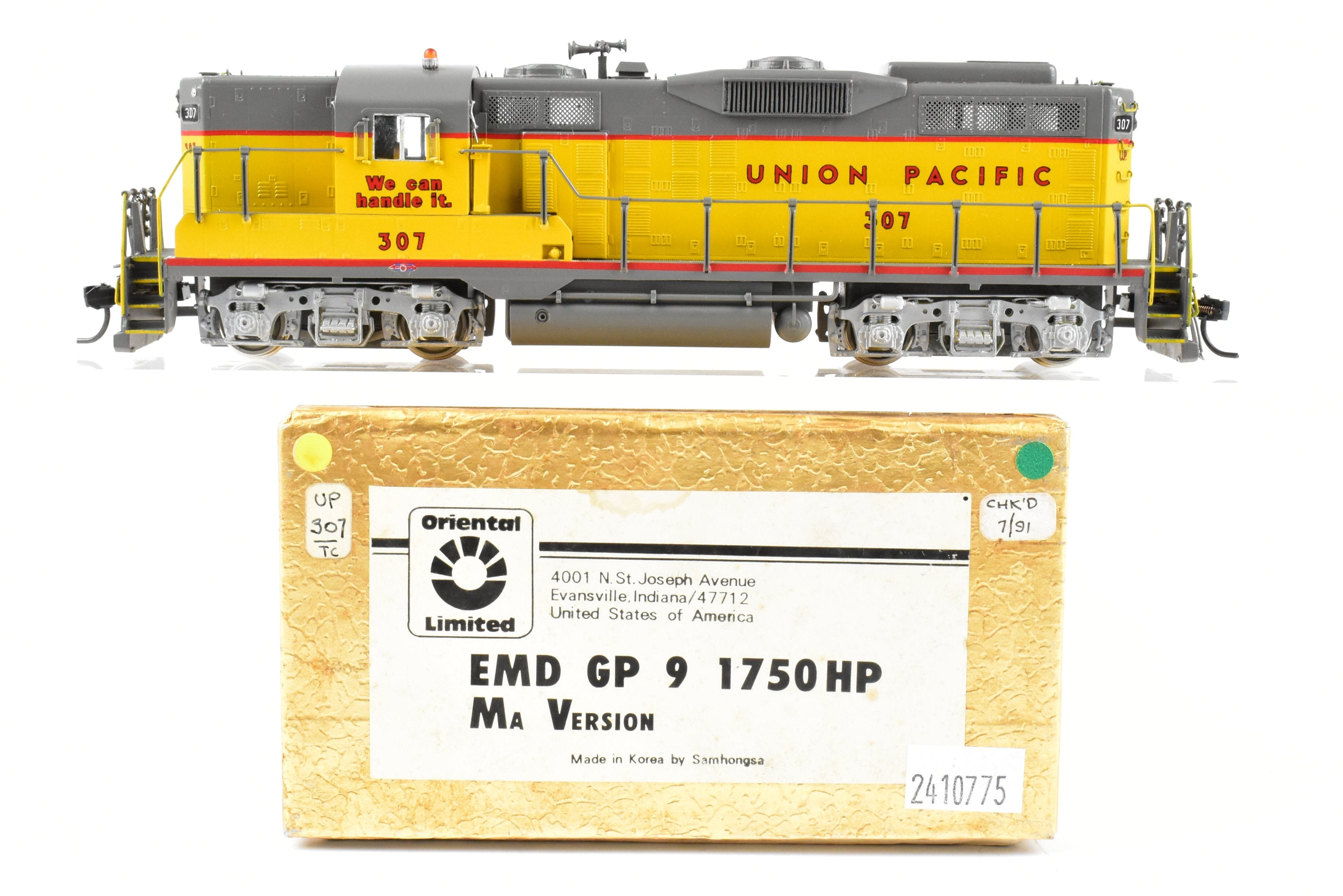 HO Scale Brass Model of Oriental Limited Union Pacific EMD GP9 Locomotive with 1750 HP MA Version, Unit Number 307