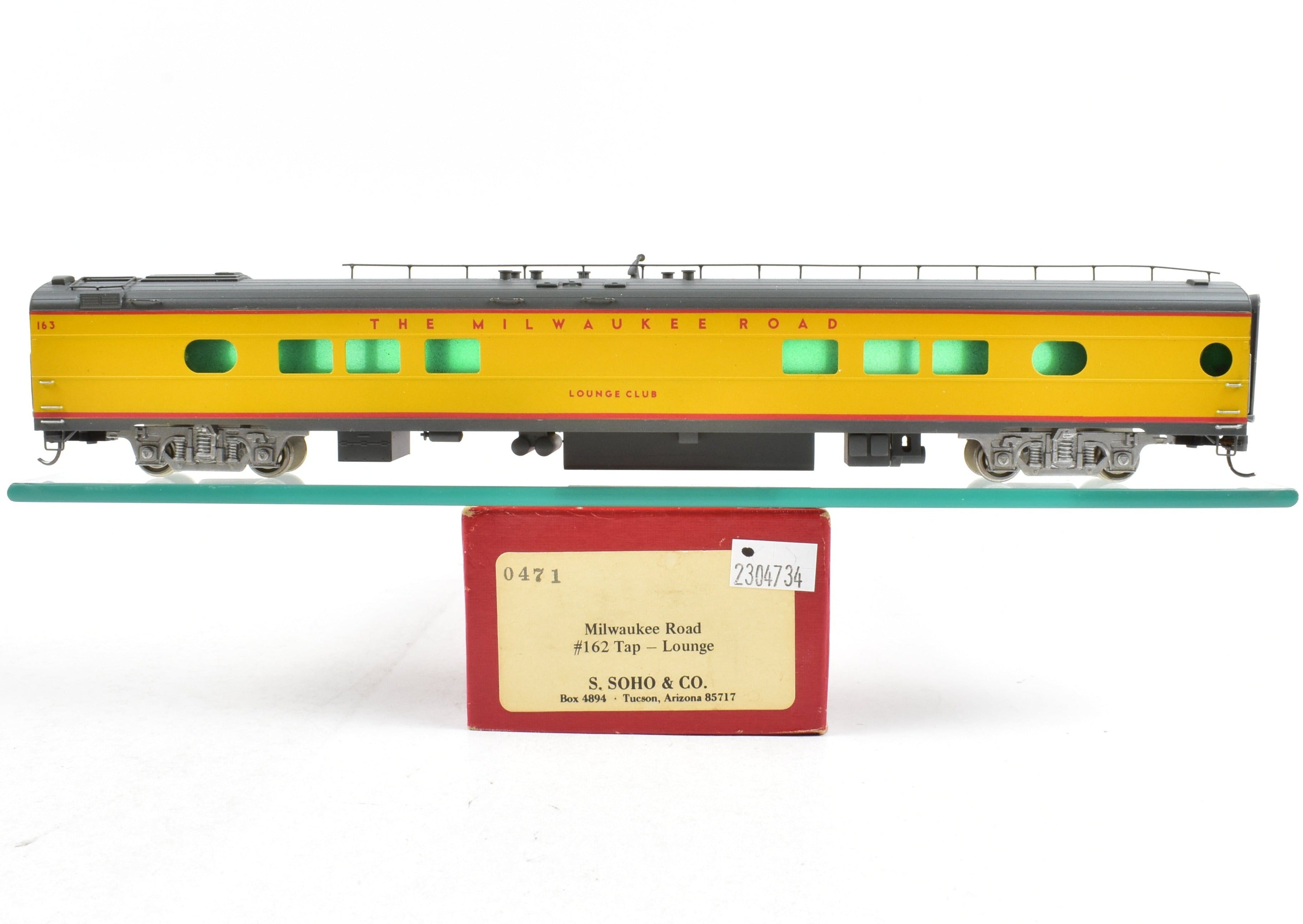 HO Scale Brass Soho Milwaukee Road #162 Tap - Lounge Model, Custom Painted in Union Pacific (UP) Streamliner Colors, Representing 1955 Milwaukee Passenger Style