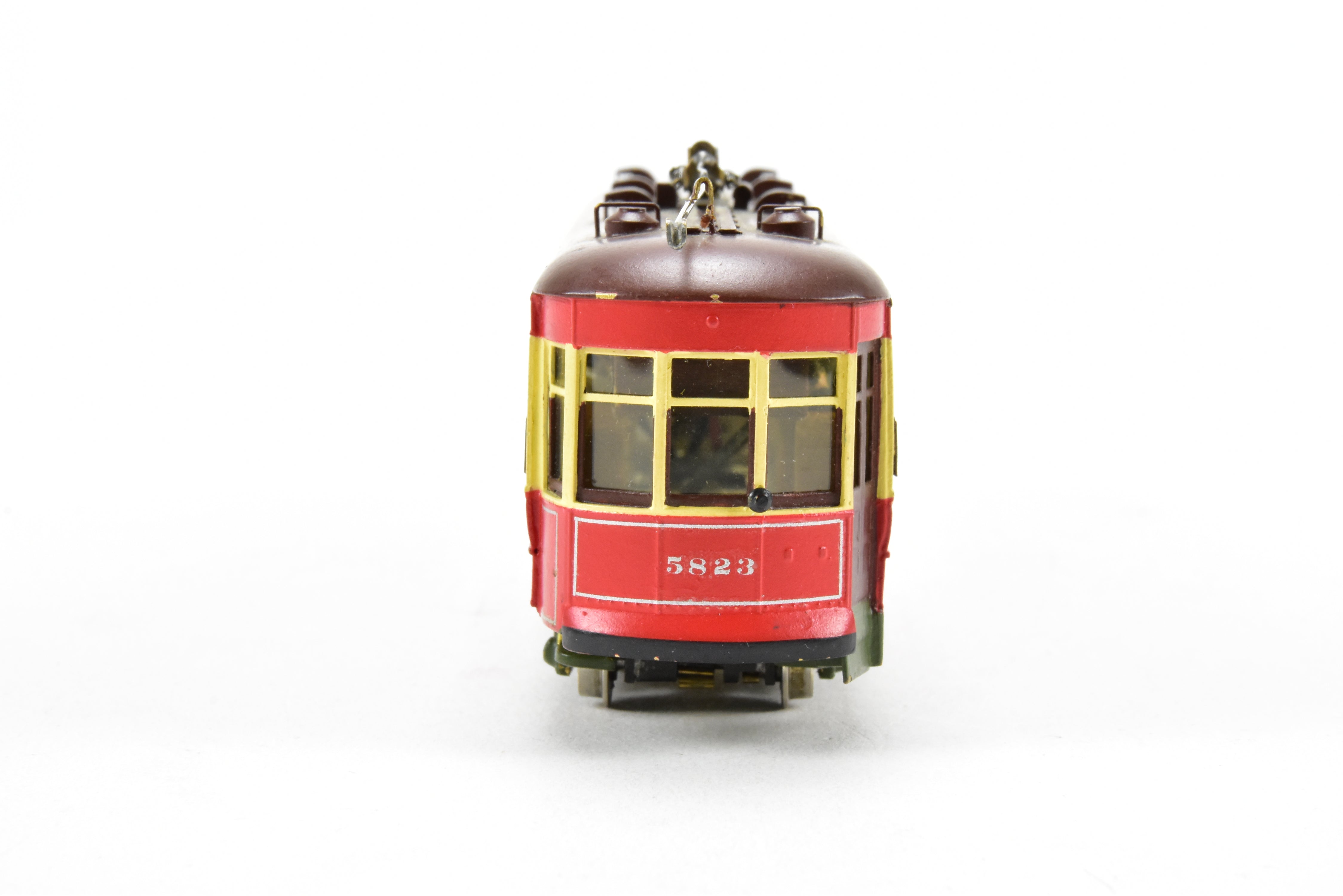 HO Scale Brass Model Train from MTS Imports - Chicago Surface Lines 5703 - 5827 Nearside Car C/P with Added Interior Details, Custom - Painted Unit #5823 in CSL's Creme and Red Colors, Incorrect Box Included
