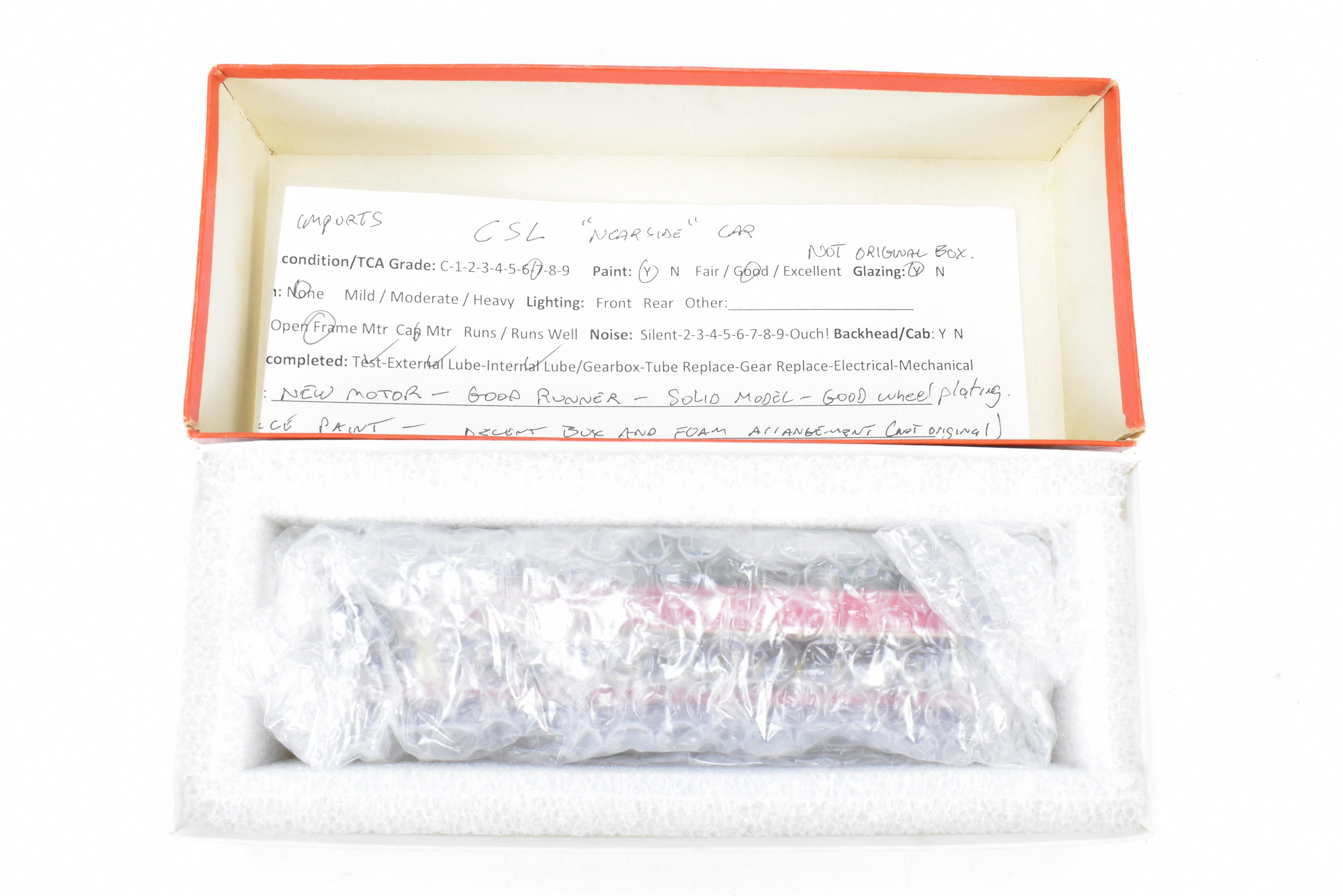 HO Scale Brass Model Train from MTS Imports - Chicago Surface Lines 5703 - 5827 Nearside Car C/P with Added Interior Details, Custom - Painted Unit #5823 in CSL's Creme and Red Colors, Incorrect Box Included
