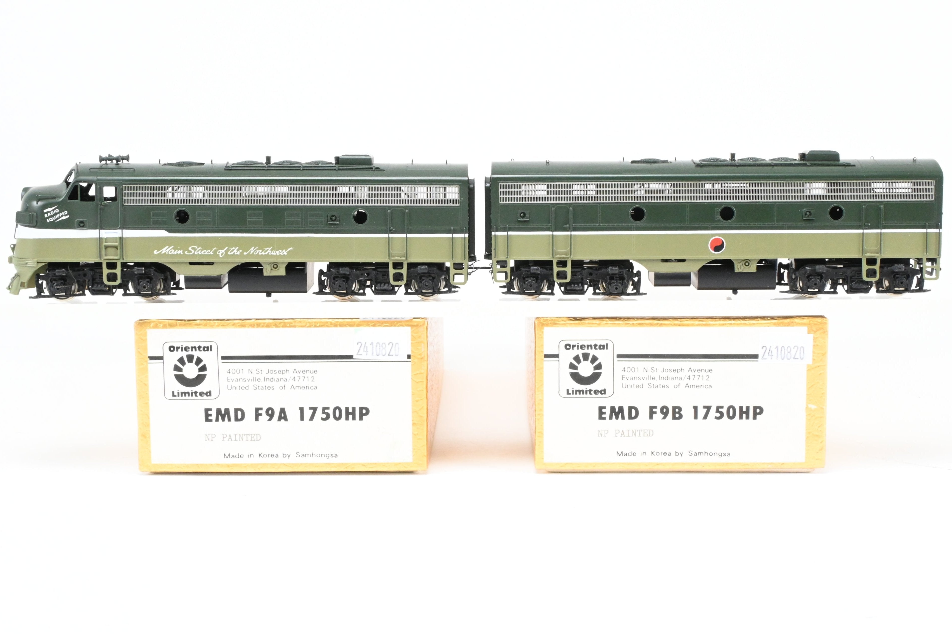 HO Scale Brass Model Train Set - Oriental Limited NP - Northern Pacific EMD F9A/F9B with 1750 HP for Passenger Service in Loewy 'Main Street of the Northwest' North Coast Limited Paint Scheme