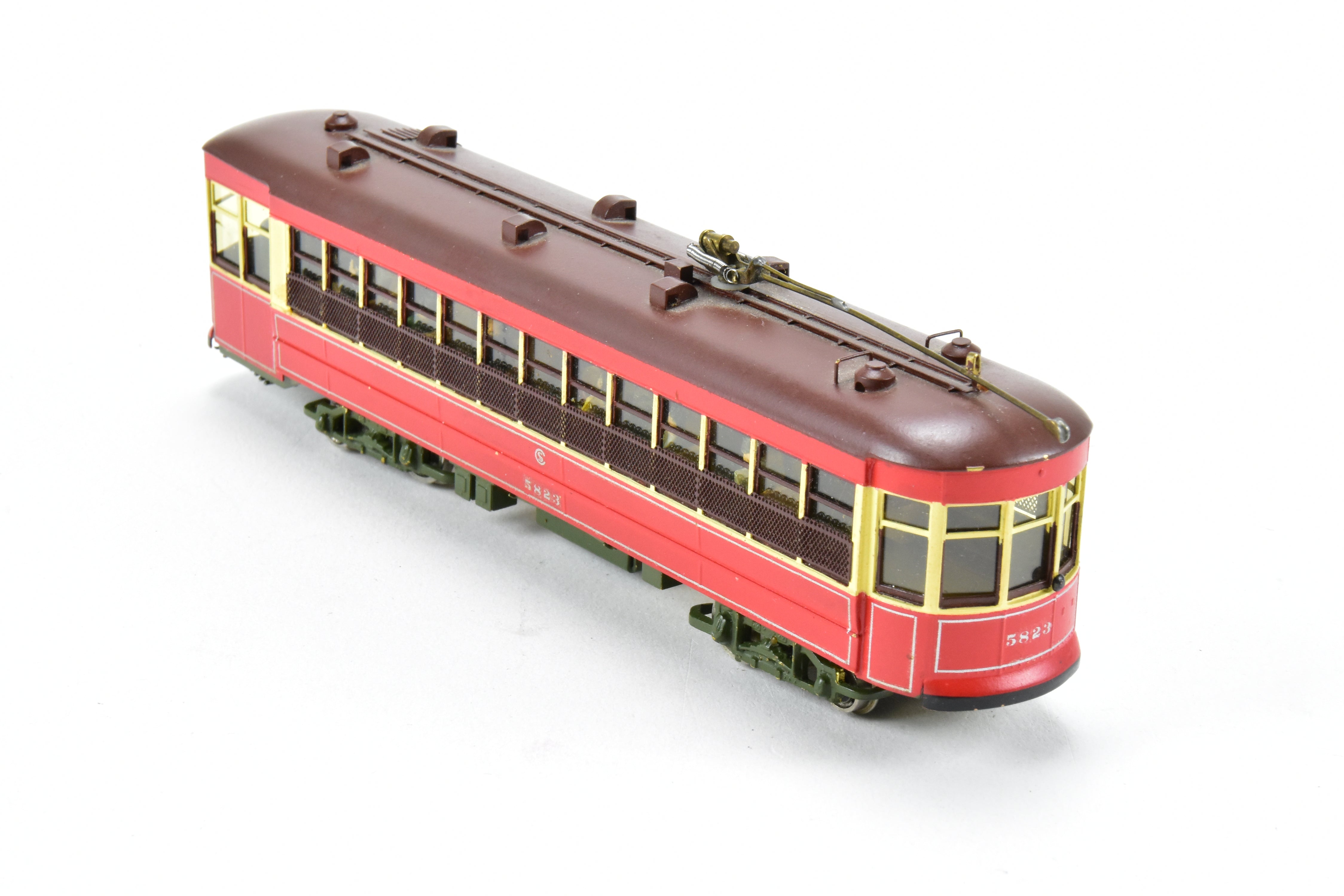 HO Scale Brass Model Train from MTS Imports - Chicago Surface Lines 5703 - 5827 Nearside Car C/P with Added Interior Details, Custom - Painted Unit #5823 in CSL's Creme and Red Colors, Incorrect Box Included