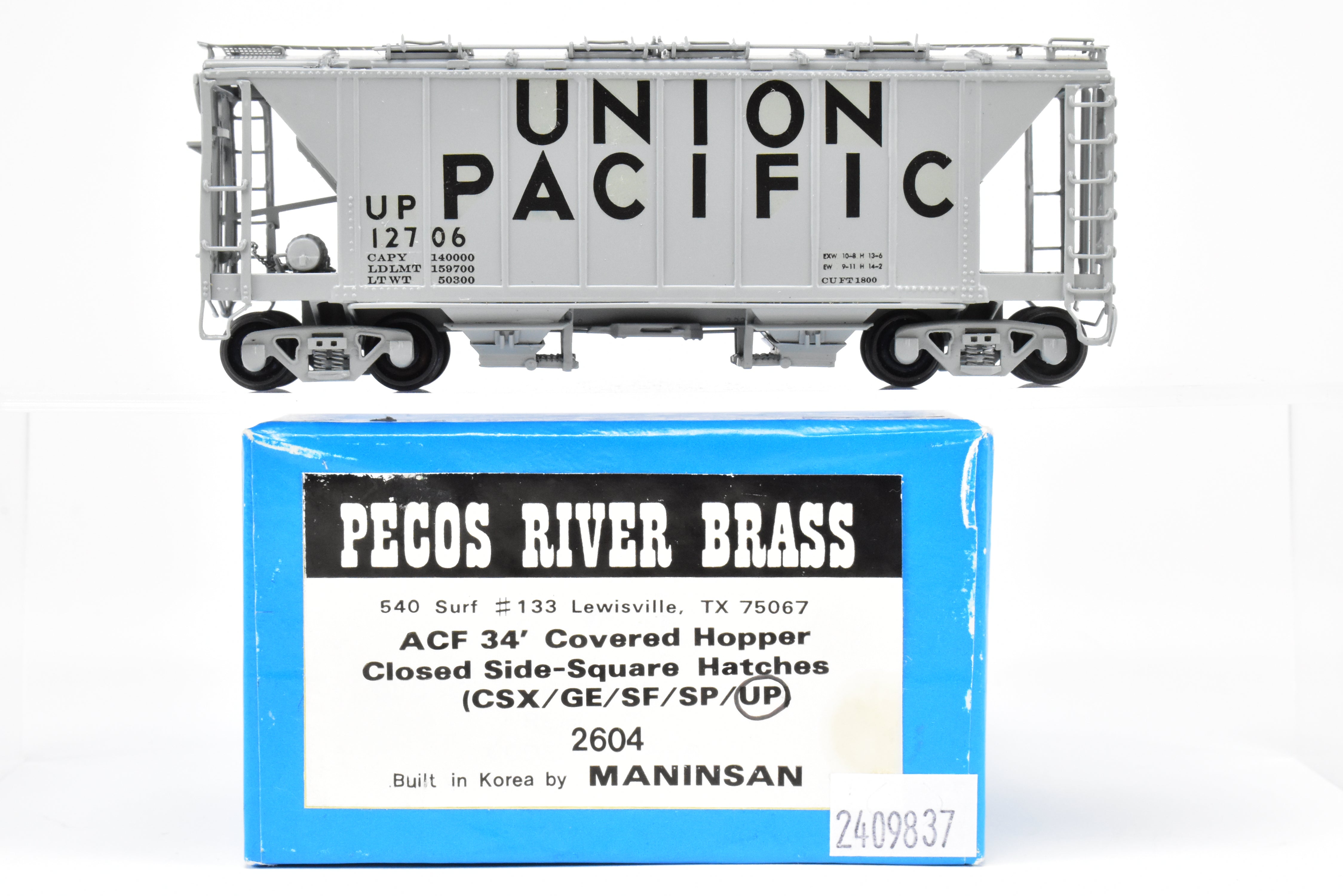 High - Quality HO Scale Brass Union Pacific ACF 34 - Foot Covered Hopper Model with Closed Sides and Square Hatches, Pecos River Brass Brand, CP #12706