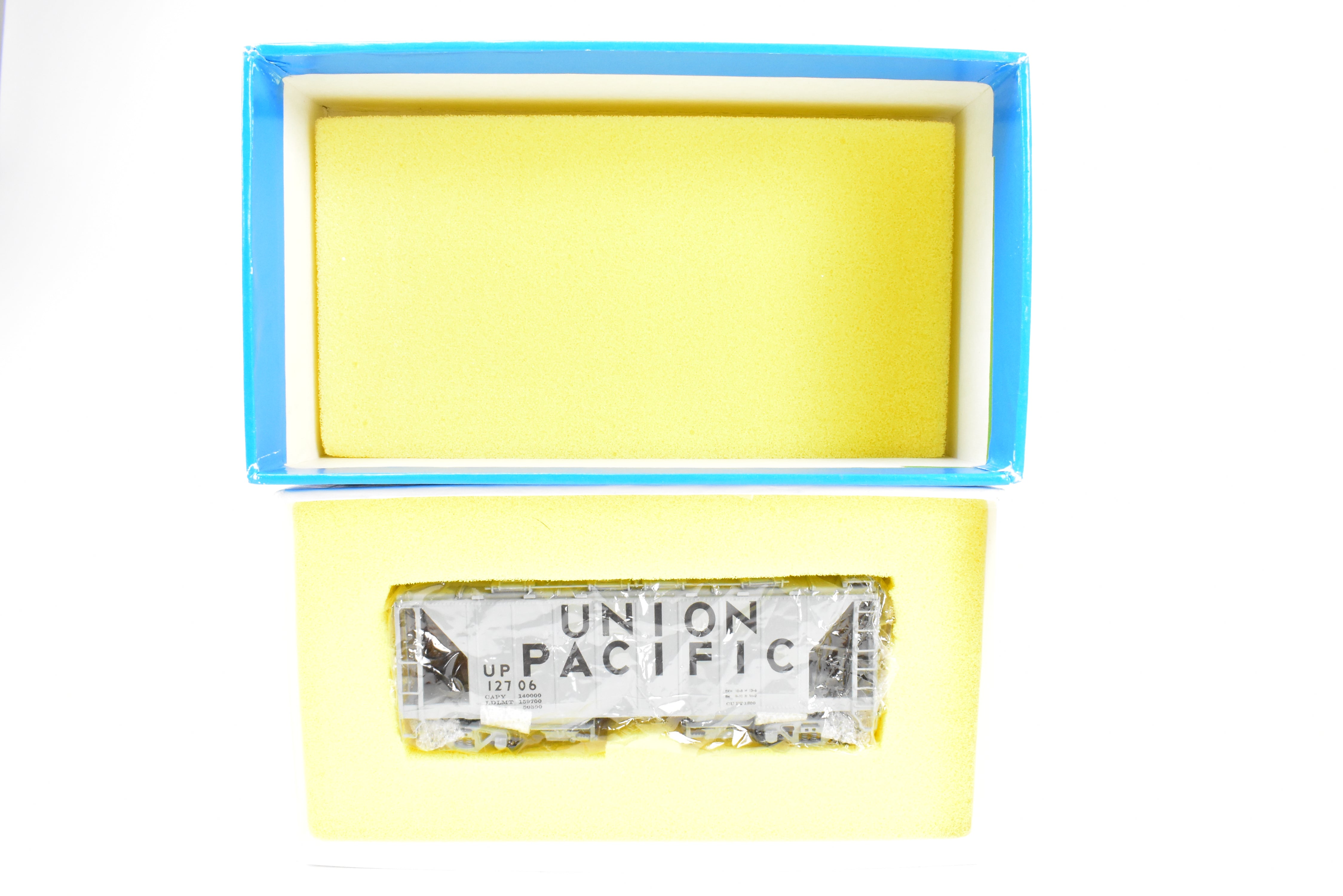 High - Quality HO Scale Brass Union Pacific ACF 34 - Foot Covered Hopper Model with Closed Sides and Square Hatches, Pecos River Brass Brand, CP #12706