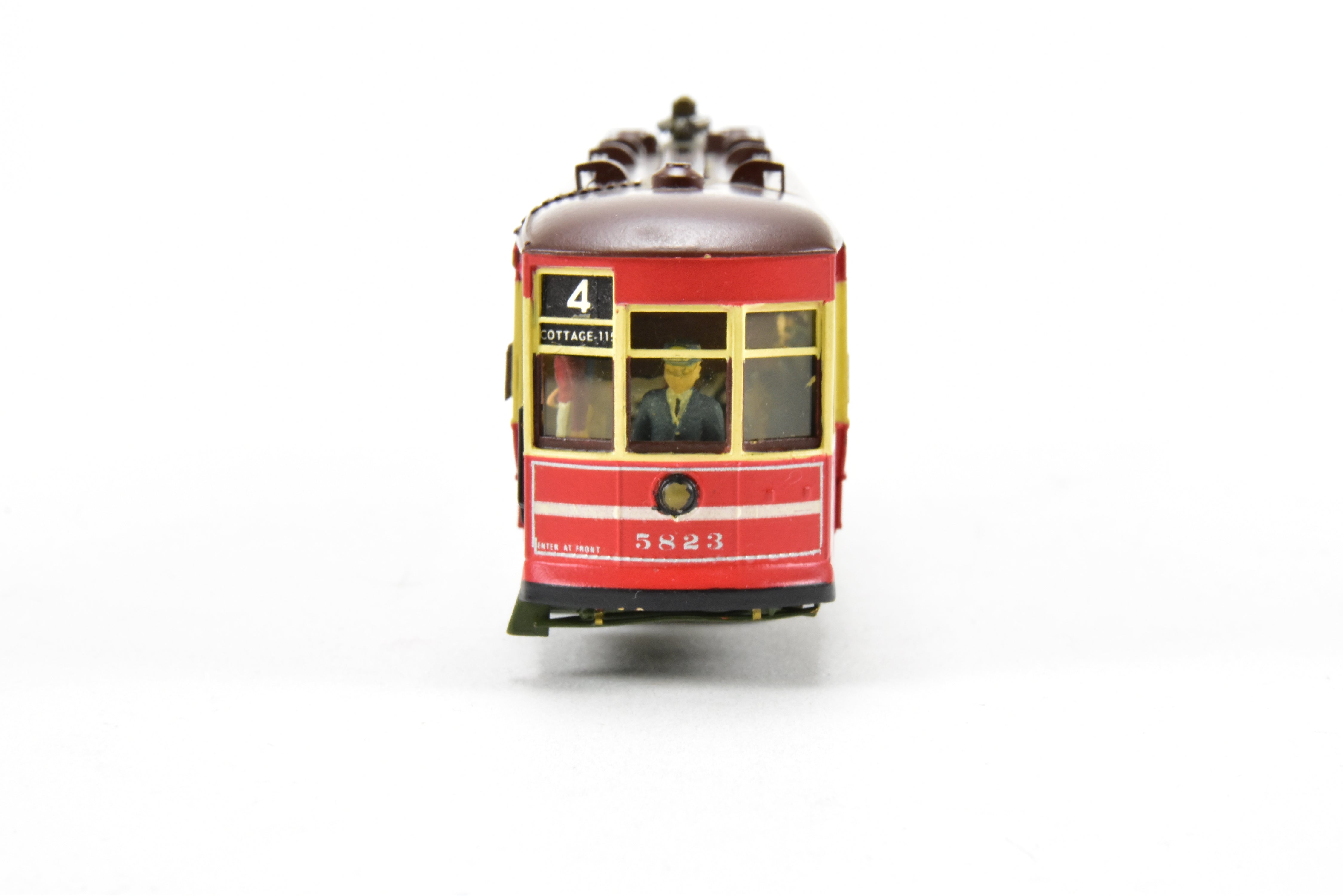 HO Scale Brass Model Train from MTS Imports - Chicago Surface Lines 5703 - 5827 Nearside Car C/P with Added Interior Details, Custom - Painted Unit #5823 in CSL's Creme and Red Colors, Incorrect Box Included