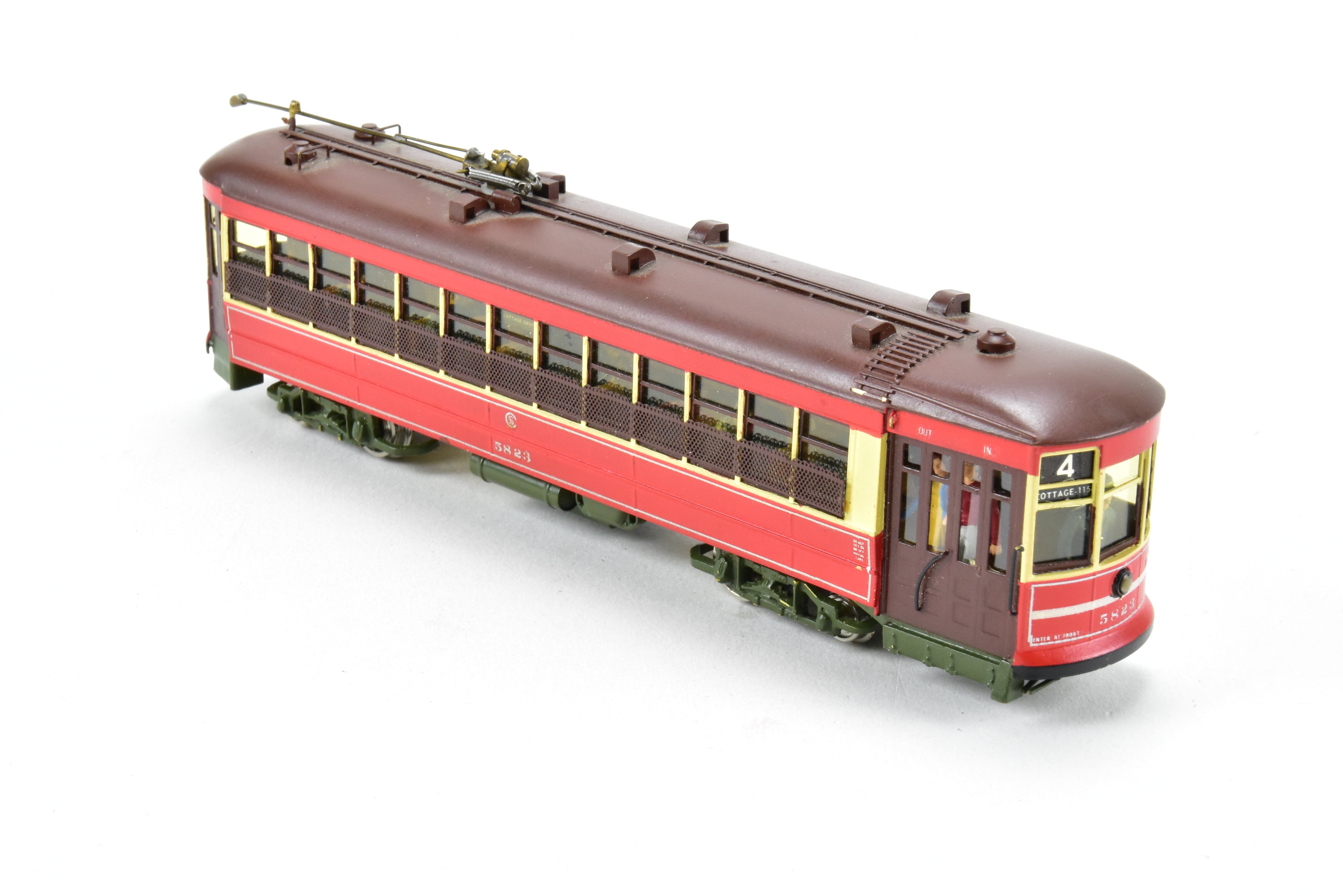 HO Scale Brass Model Train from MTS Imports - Chicago Surface Lines 5703 - 5827 Nearside Car C/P with Added Interior Details, Custom - Painted Unit #5823 in CSL's Creme and Red Colors, Incorrect Box Included