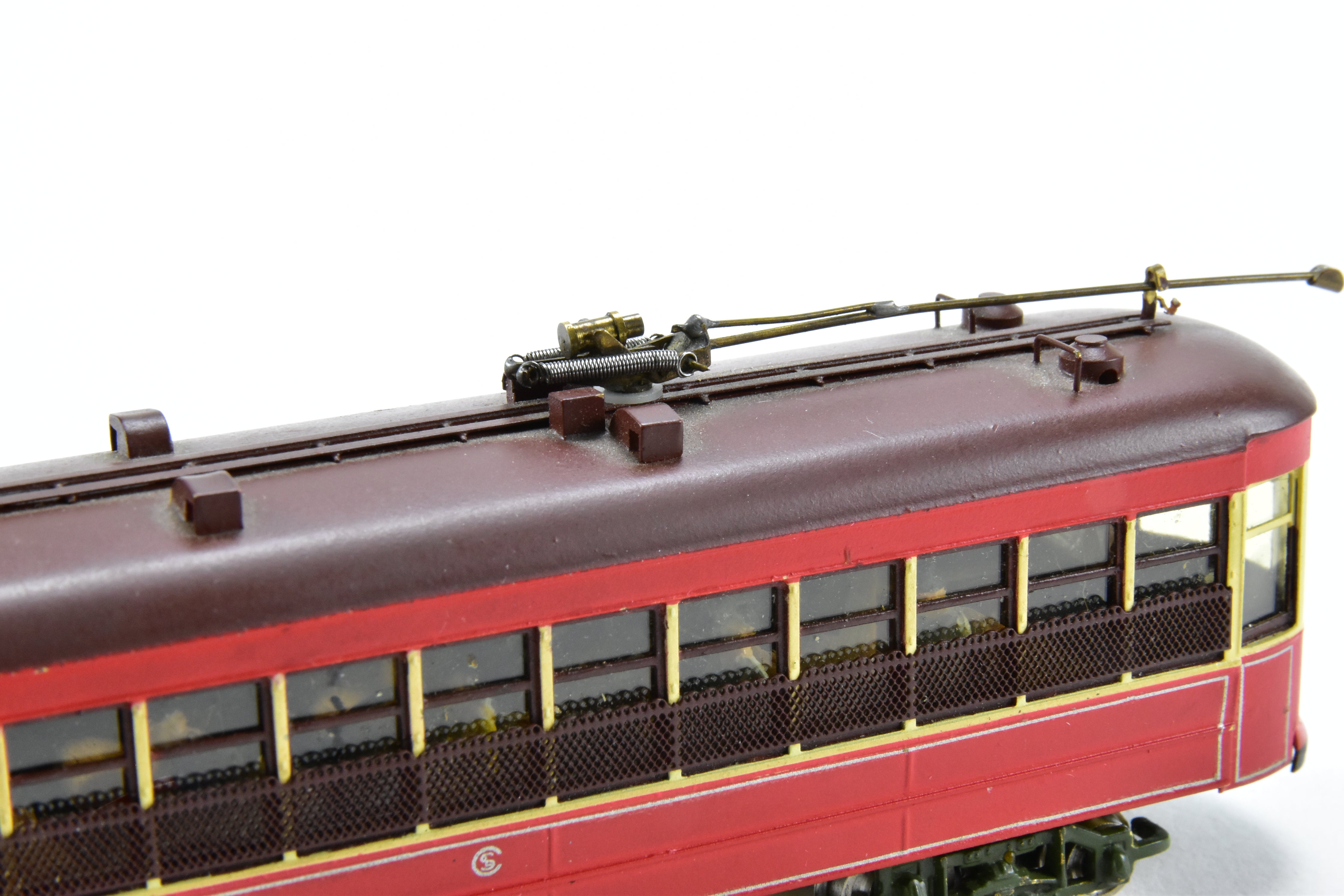 HO Scale Brass Model Train from MTS Imports - Chicago Surface Lines 5703 - 5827 Nearside Car C/P with Added Interior Details, Custom - Painted Unit #5823 in CSL's Creme and Red Colors, Incorrect Box Included