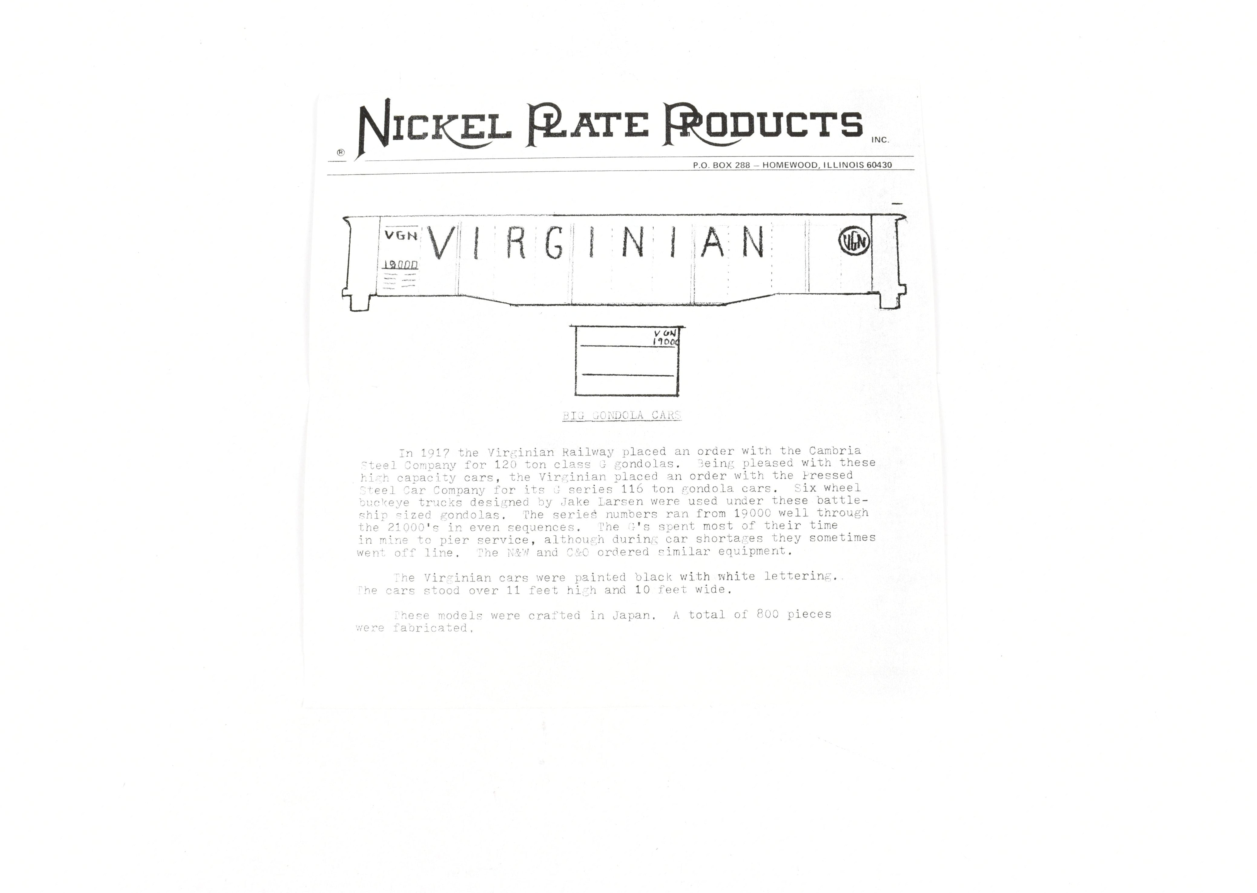 HO Scale Brass Nickel Plate Products Virginian 116T Gondola Coal Single Model Train Car