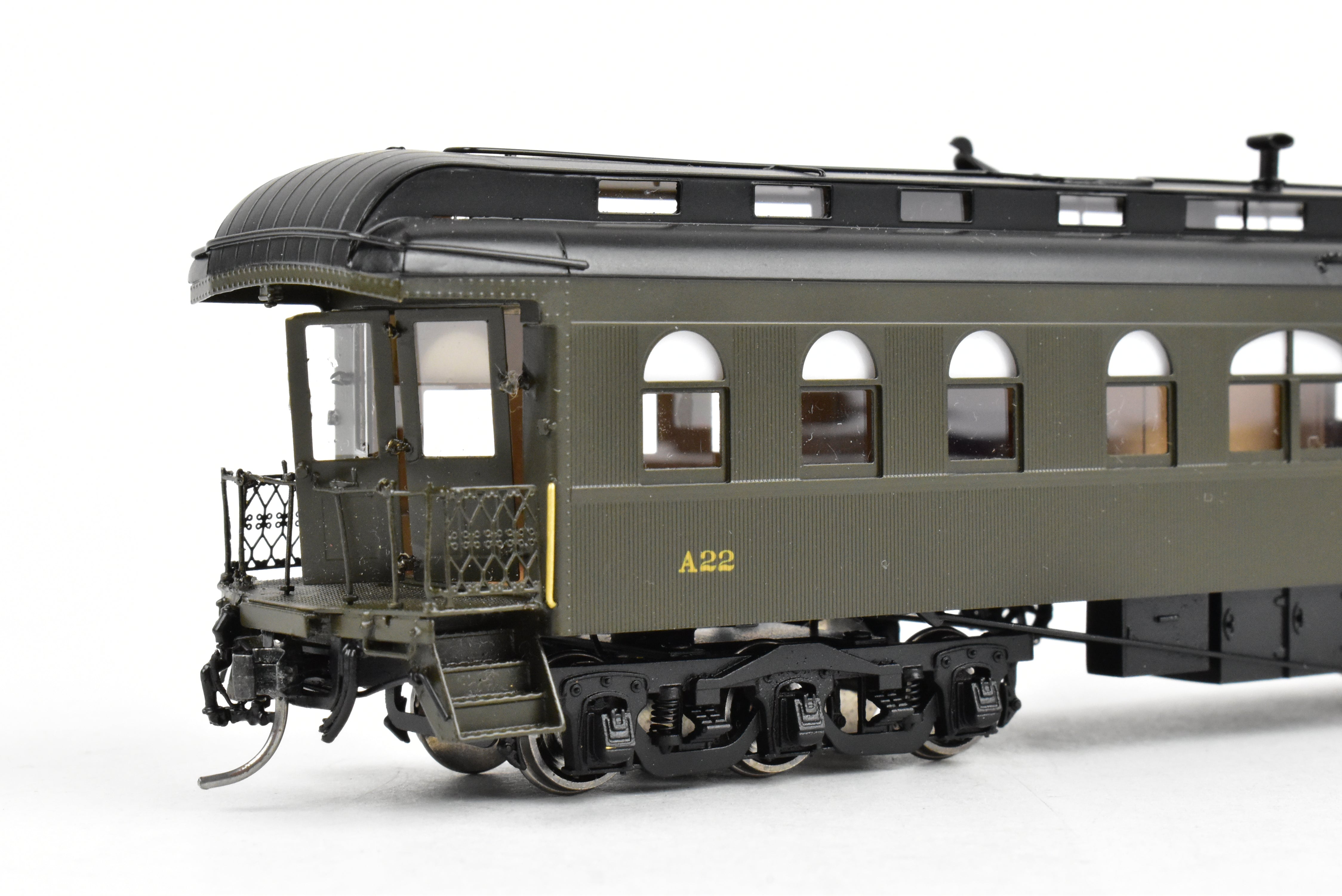 HO Scale Brass Model Train - North Bank Line (GN - Great Northern) A22 Business Car with Wood Sides in Pullman Green, Damaged - Sold As Is