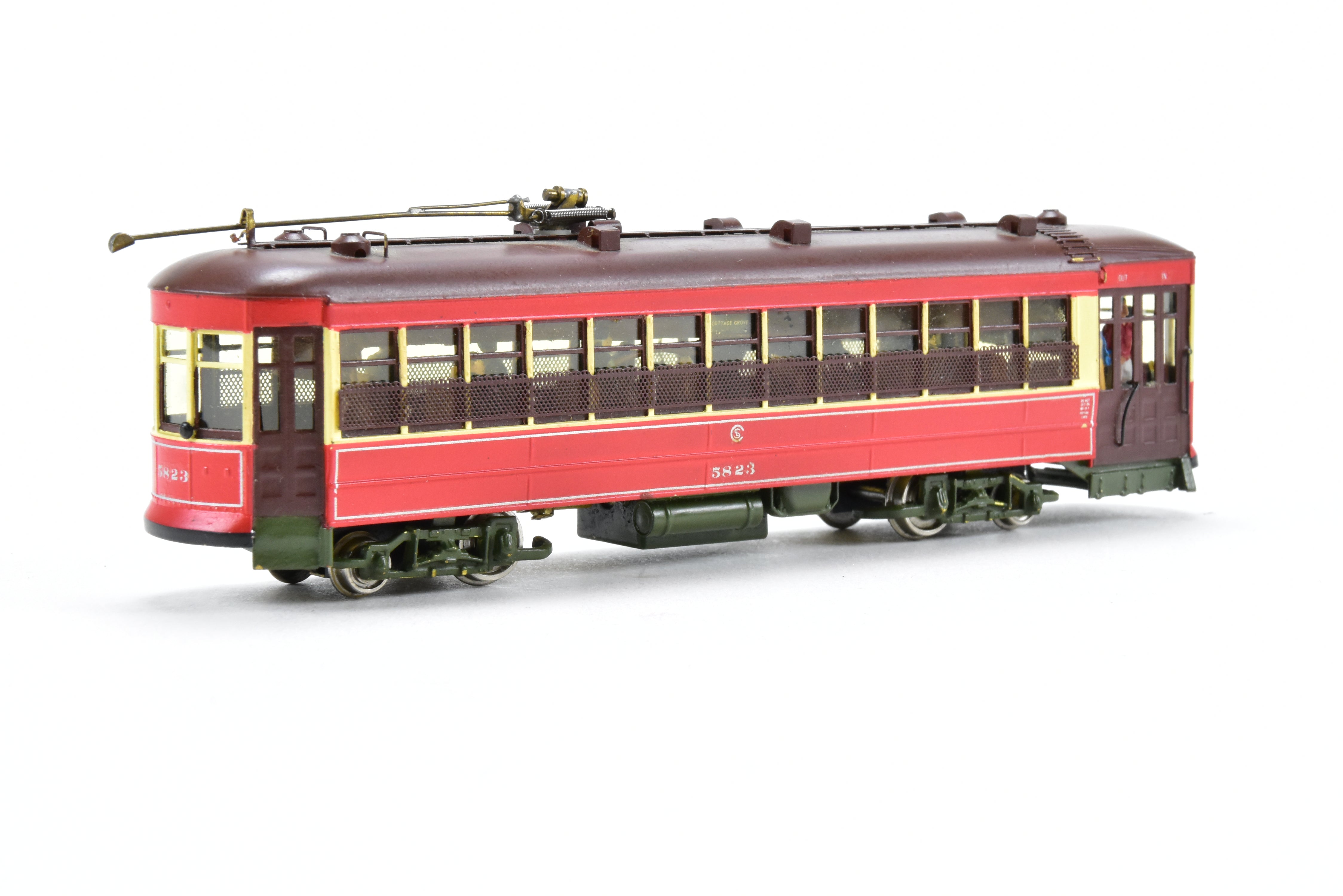 HO Scale Brass Model Train from MTS Imports - Chicago Surface Lines 5703 - 5827 Nearside Car C/P with Added Interior Details, Custom - Painted Unit #5823 in CSL's Creme and Red Colors, Incorrect Box Included