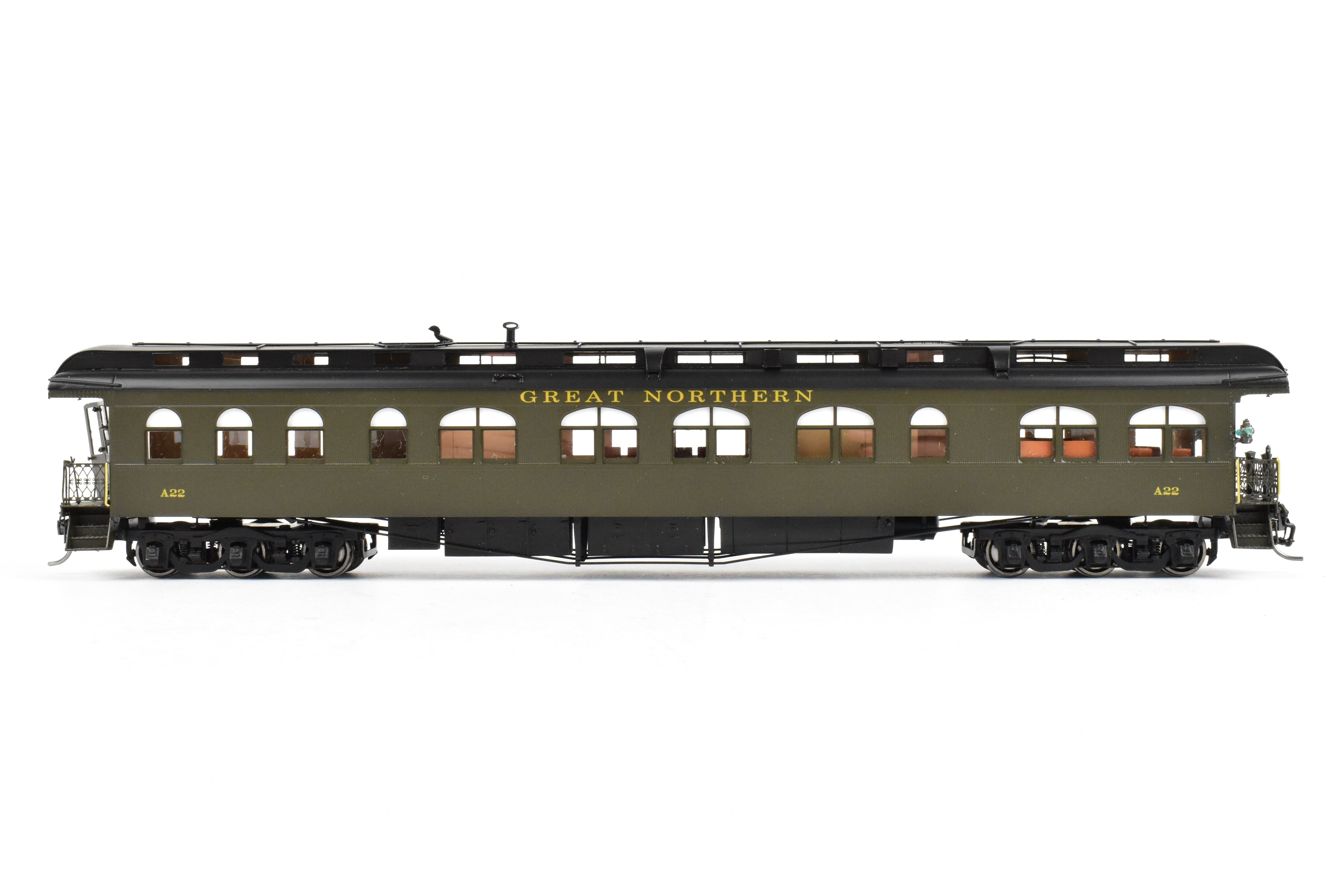 HO Scale Brass Model Train - North Bank Line (GN - Great Northern) A22 Business Car with Wood Sides in Pullman Green, Damaged - Sold As Is