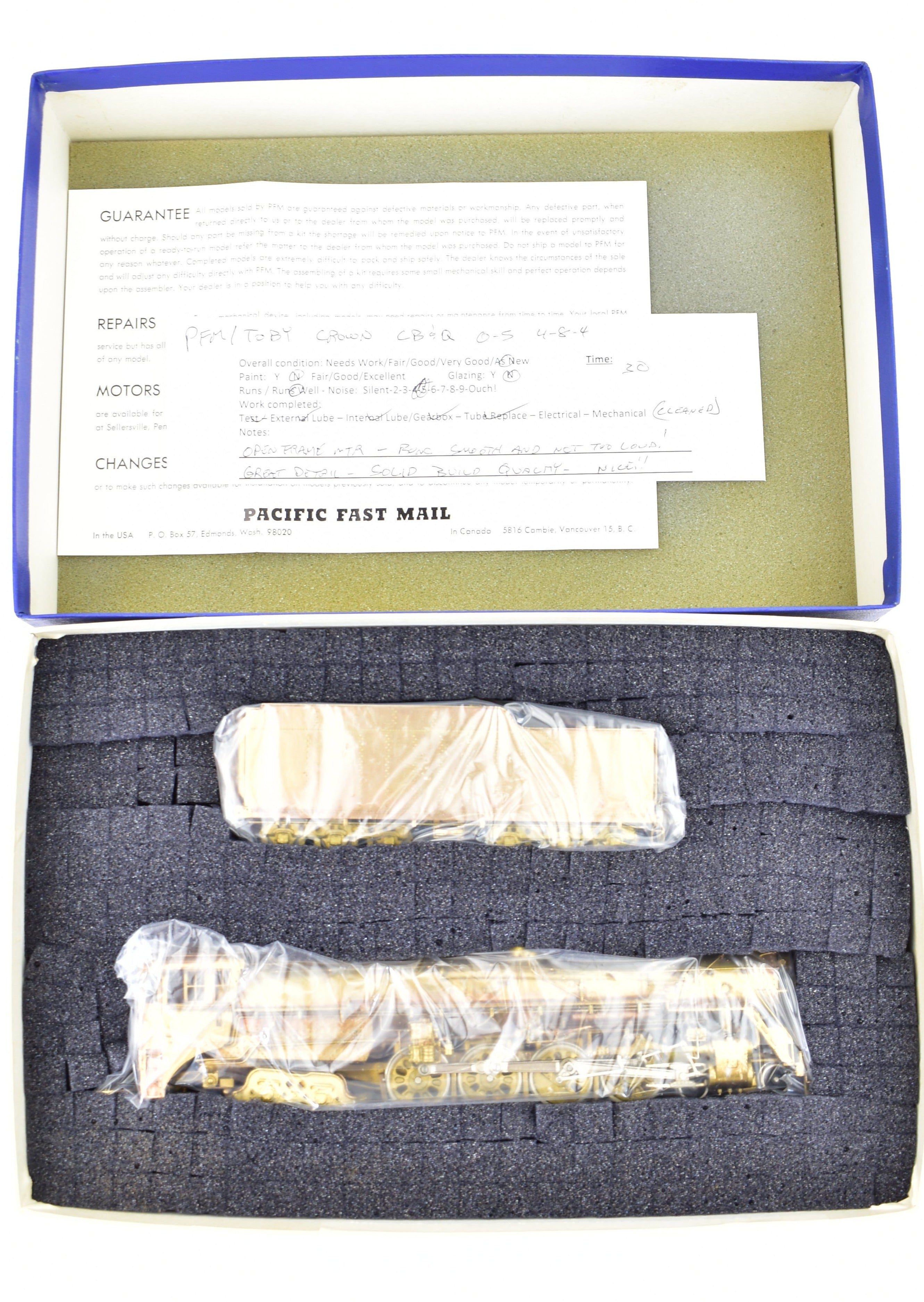 HO Scale Brass Pacific Fast Mail (PFM) Model Train - Toby CB&Q Burlington Route 4-8-4 Class O-5 Crown Model from 1969 Run