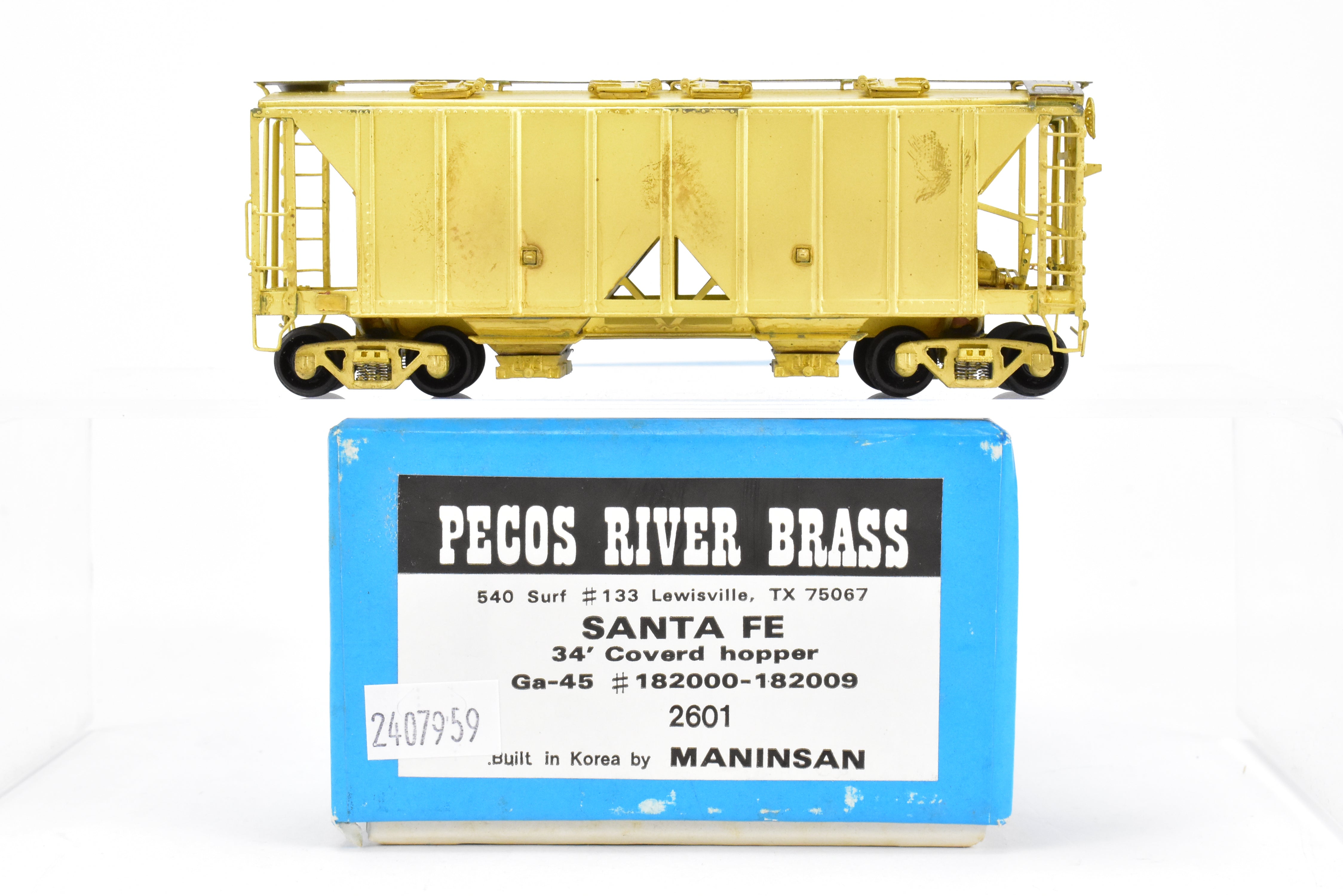 High - Quality HO Scale Brass Model of Pecos River Brass ATSF - Santa Fe ACF 34 - Foot Covered Hopper Class Ga - 45 in the Number Range of 182000 - 182009