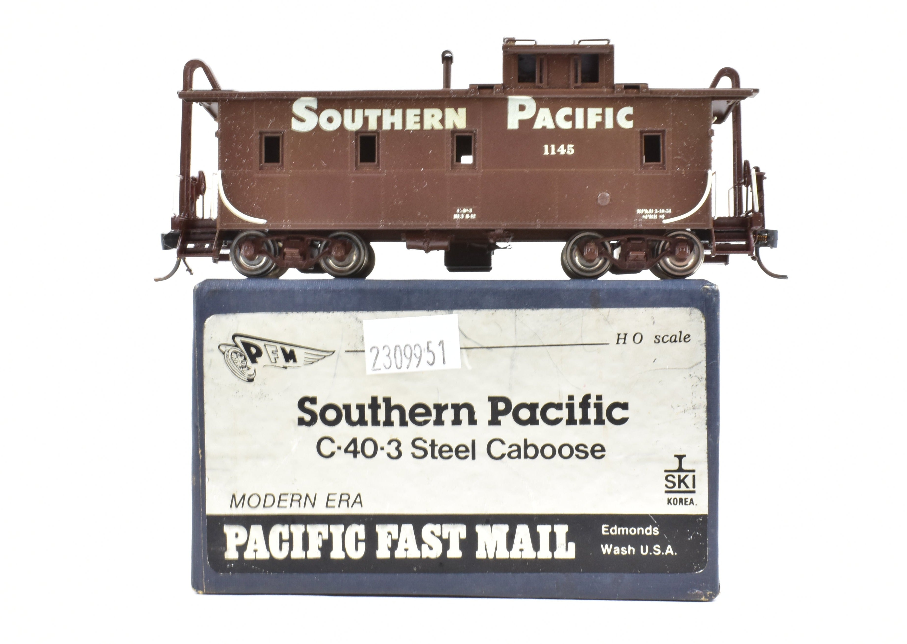 HO Scale Brass Pacific Fast Mail (PFM) - SKI SP - Southern Pacific Modern Era C - 40 - 3 Steel Caboose Custom Painted with Road Number 1145 for Model Trains