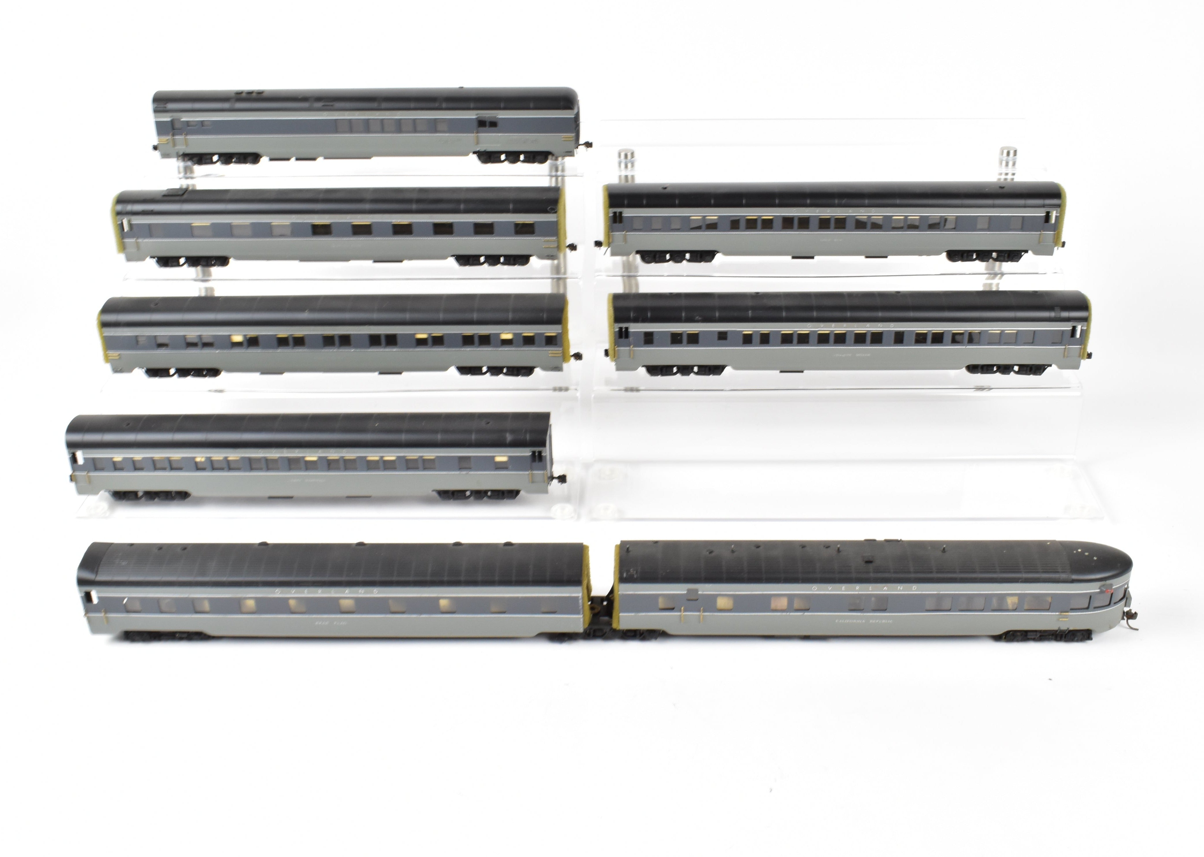 HO Scale Brass Model Train Set - Oriental Limited SP/UP/C&NW UP Union Pacific The Forty Niner 8-Car Set in Two-Tone Gray with Overland Lettering