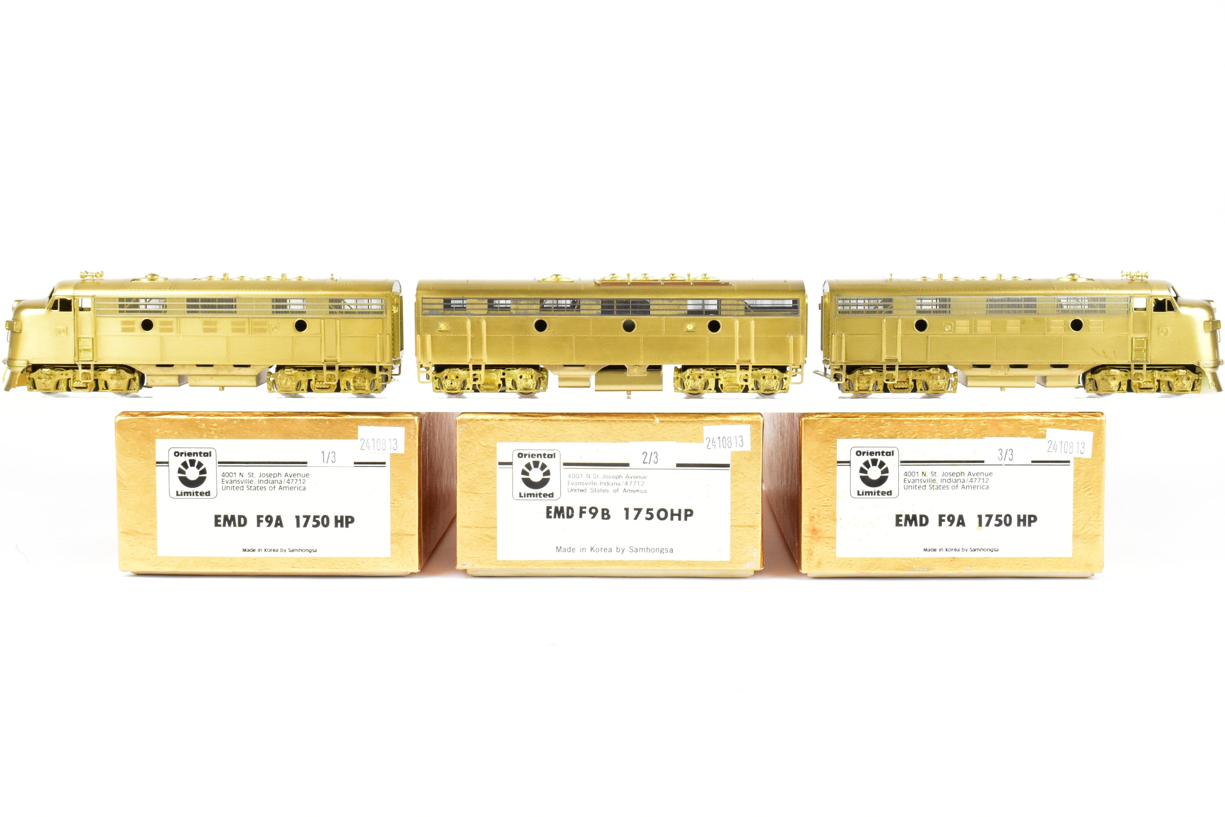 HO Scale Brass Oriental Limited EMD F9 A/B/A Set, 1750 HP Each Unit