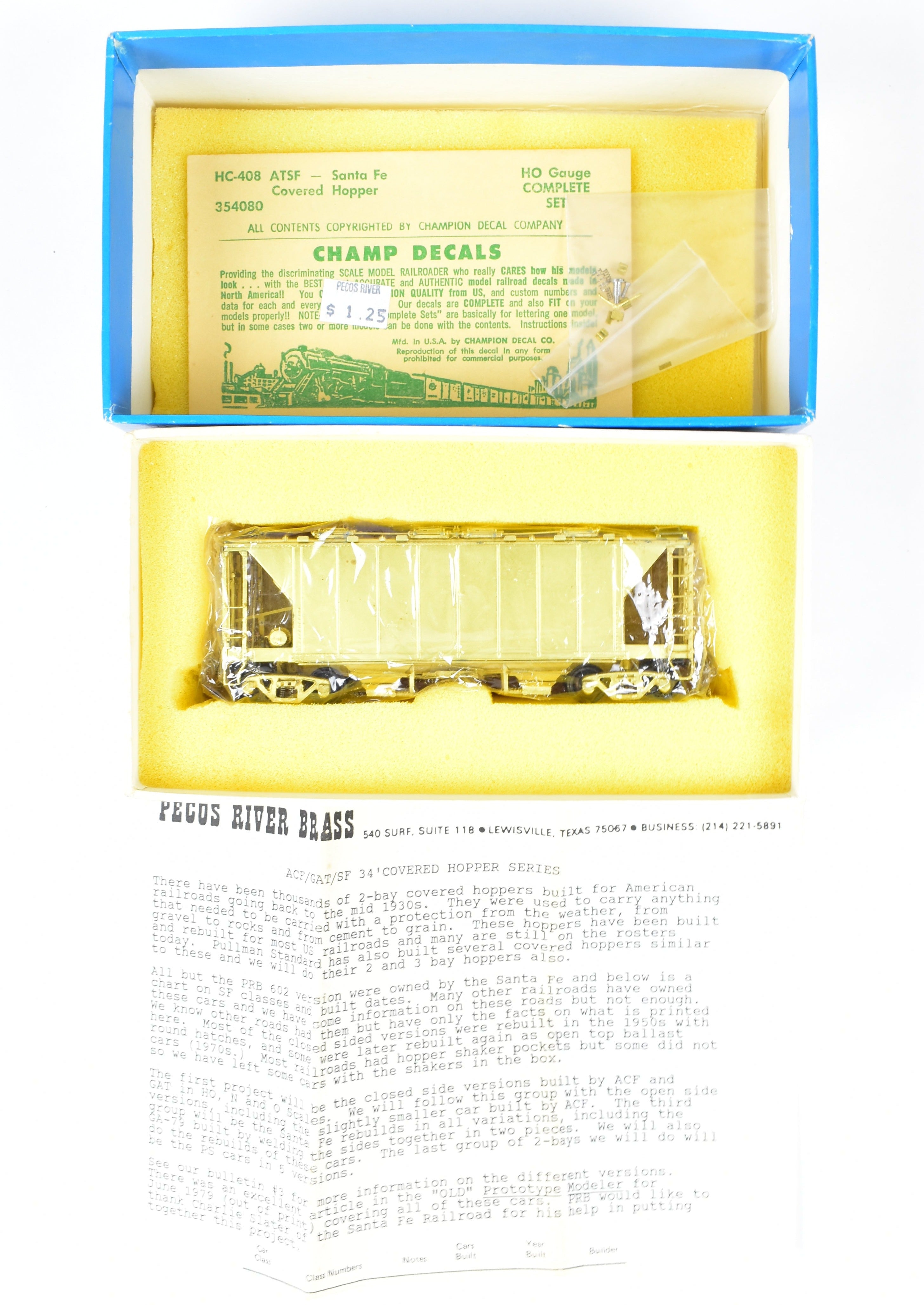 HO Scale Brass 34-Foot Covered Hopper with Closed Sides and Square Hatches from Pecos River Brass for Various Roads ACF