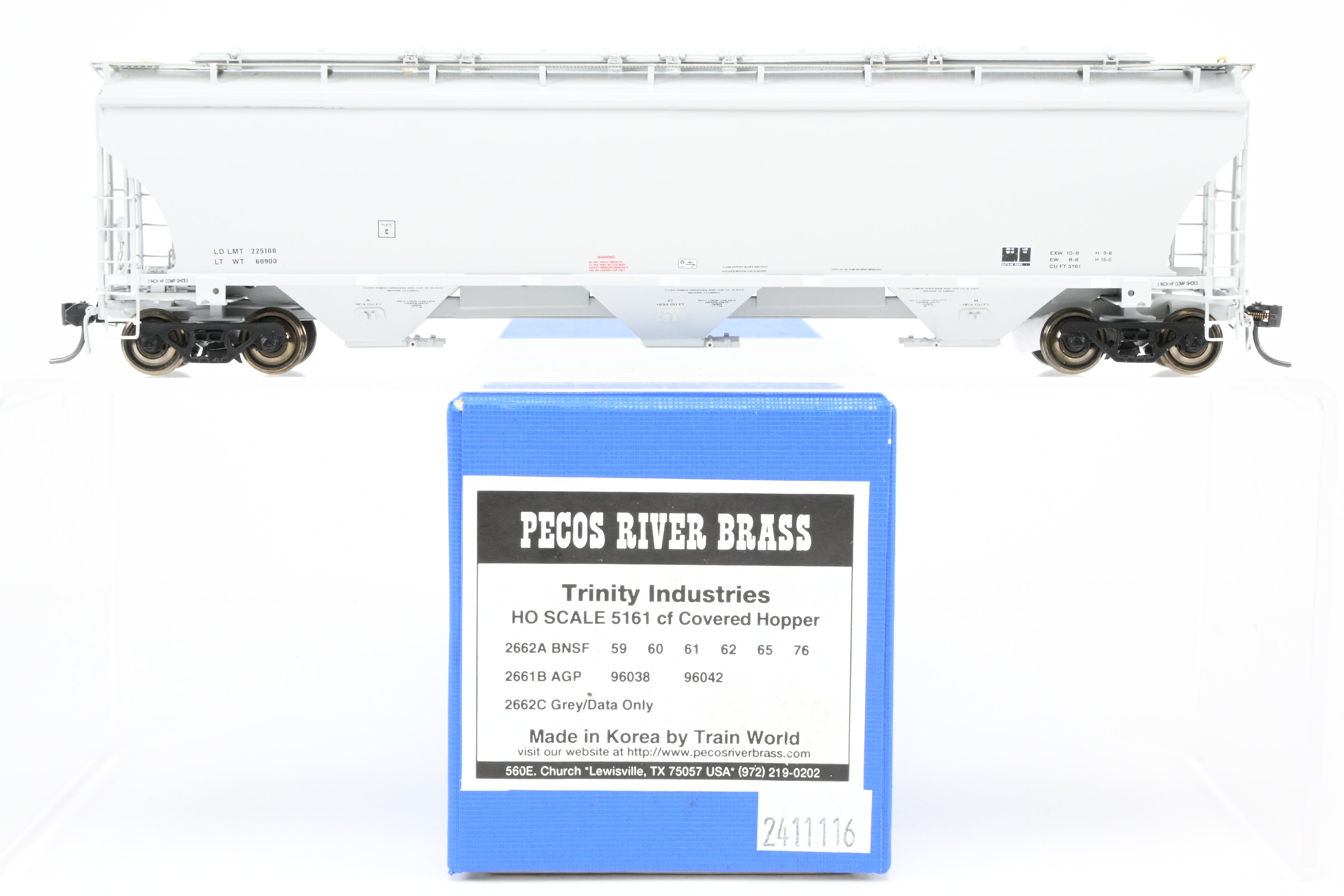 HO Scale Brass Model of Pecos River Brass's Trinity 5161 CF Covered Hopper Freight Car in FP Grey with Data Only Lettering