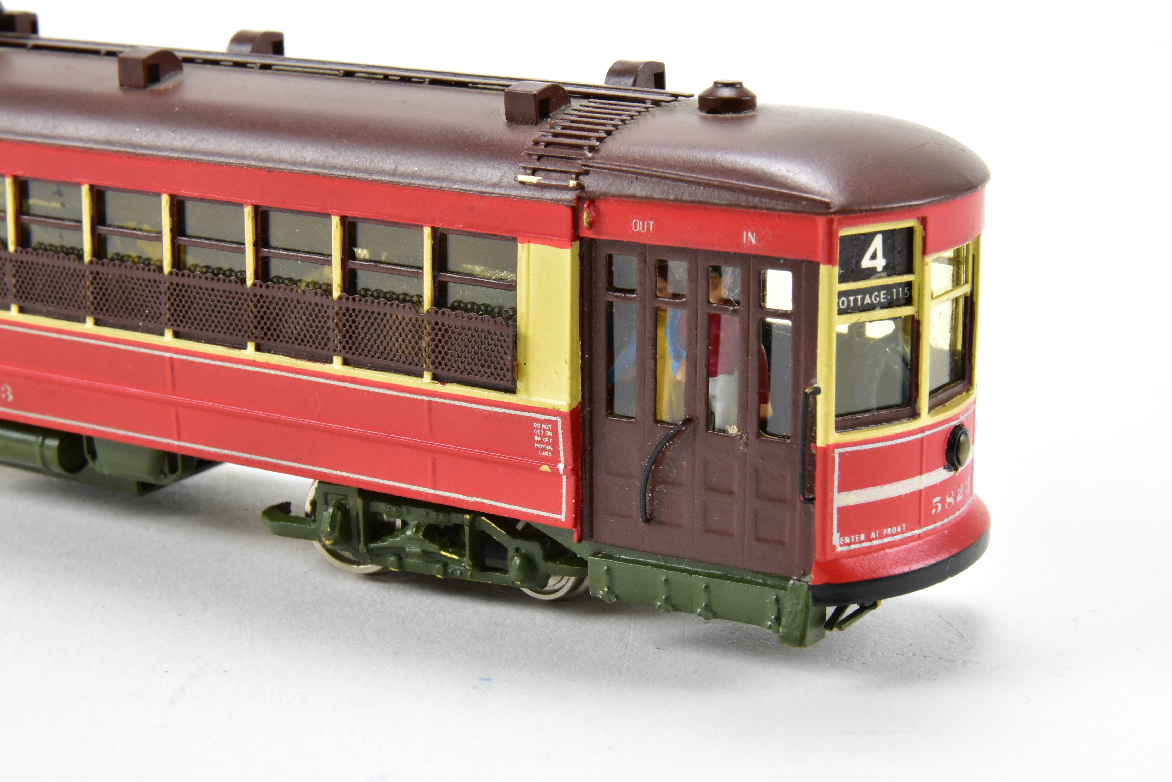 HO Scale Brass Model Train from MTS Imports - Chicago Surface Lines 5703 - 5827 Nearside Car C/P with Added Interior Details, Custom - Painted Unit #5823 in CSL's Creme and Red Colors, Incorrect Box Included