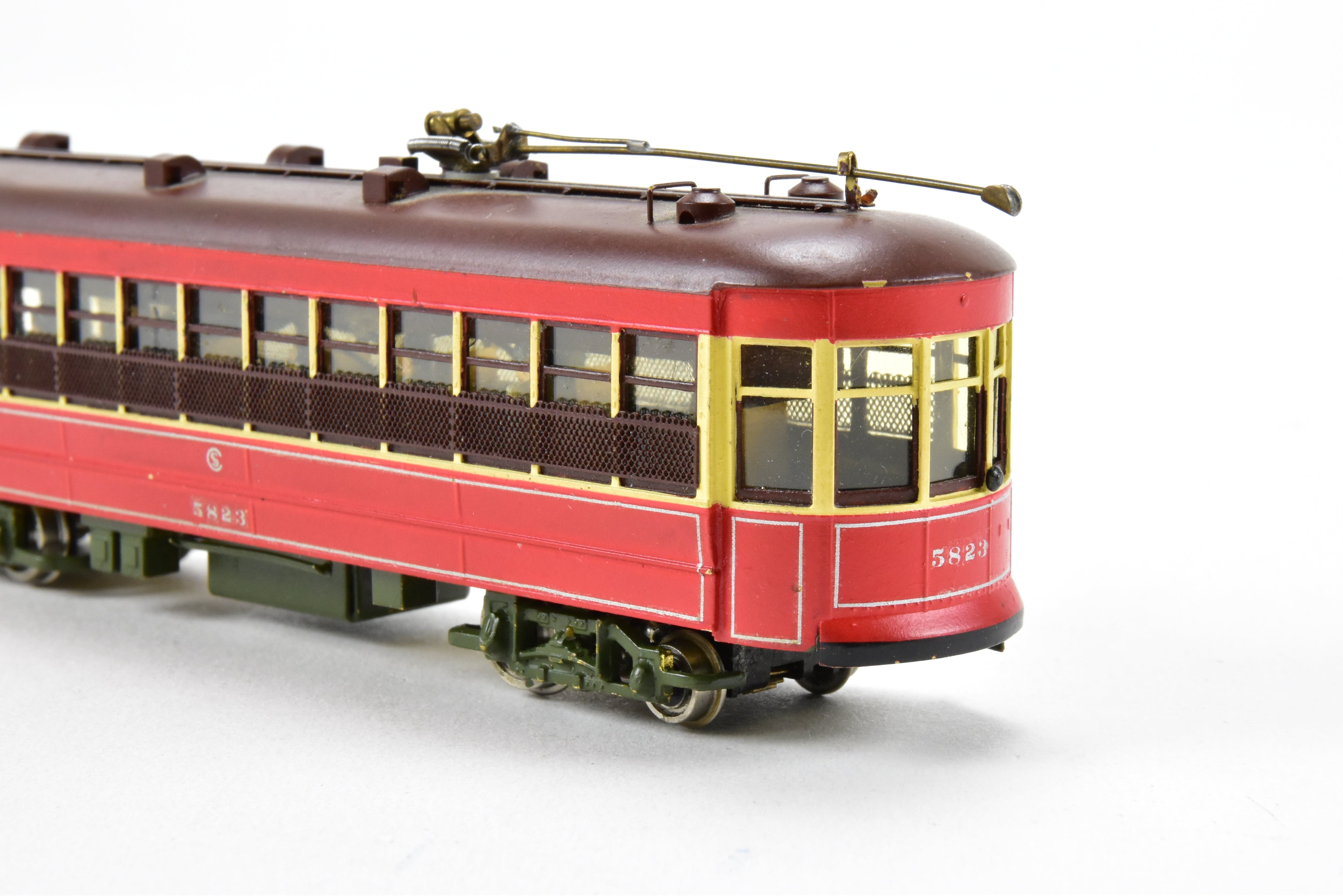 HO Scale Brass Model Train from MTS Imports - Chicago Surface Lines 5703 - 5827 Nearside Car C/P with Added Interior Details, Custom - Painted Unit #5823 in CSL's Creme and Red Colors, Incorrect Box Included