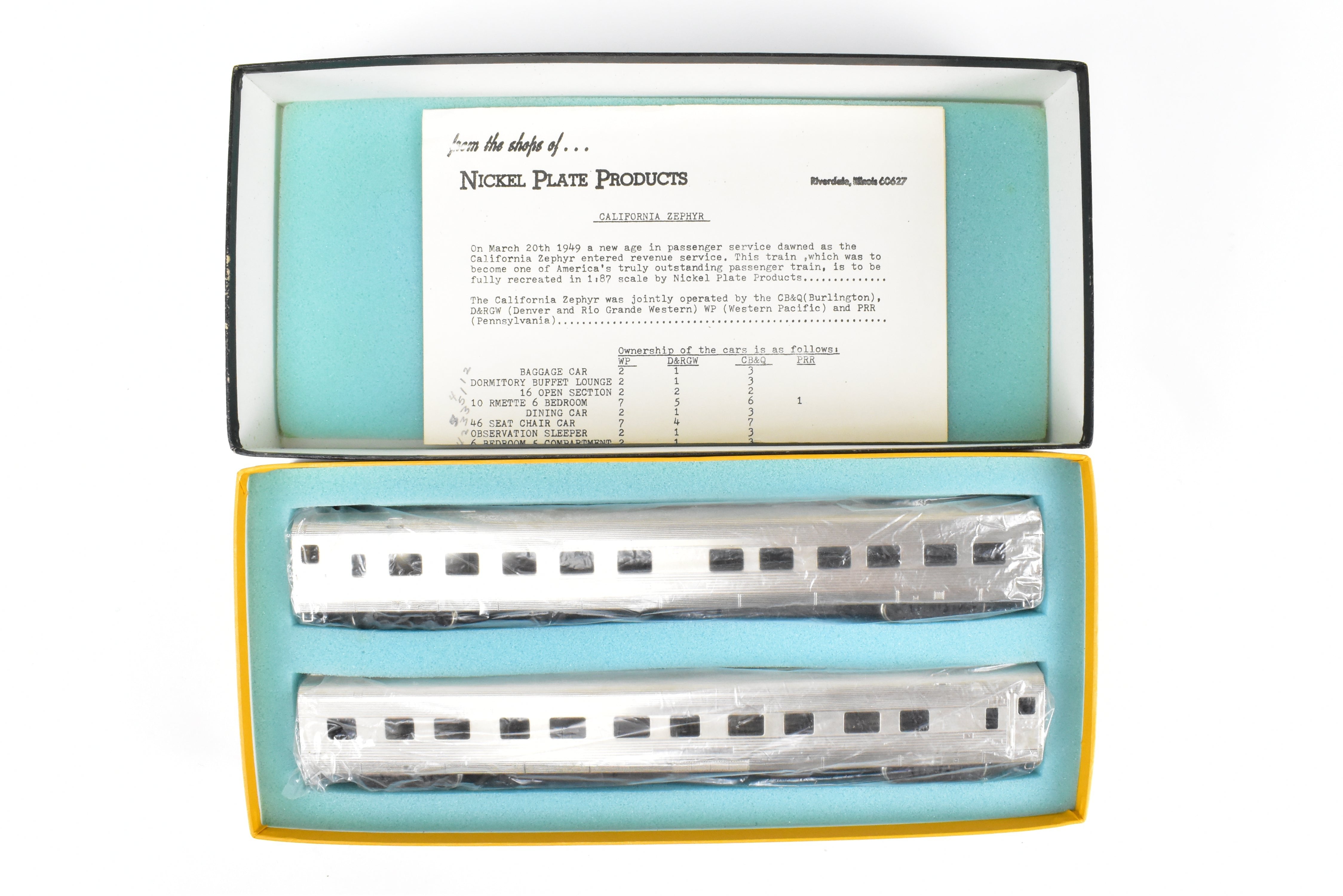 HO Scale Brass NPP Nickel - Plated California Zephyr Pullman Roomette Sleeper Set