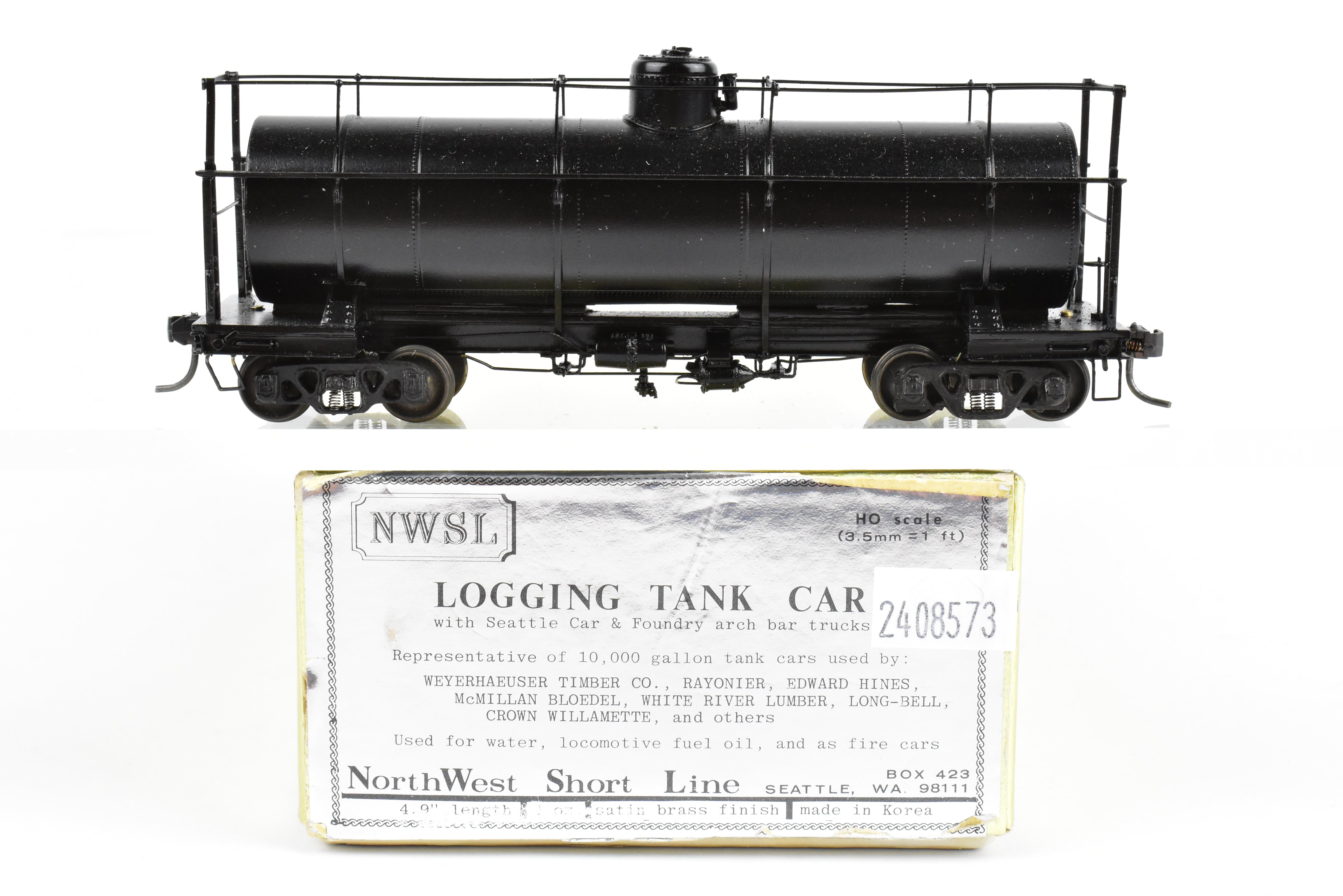 HO Brass NWSL 10,000 Gallon Logging Tank Car, Unlettered, Korean - Built