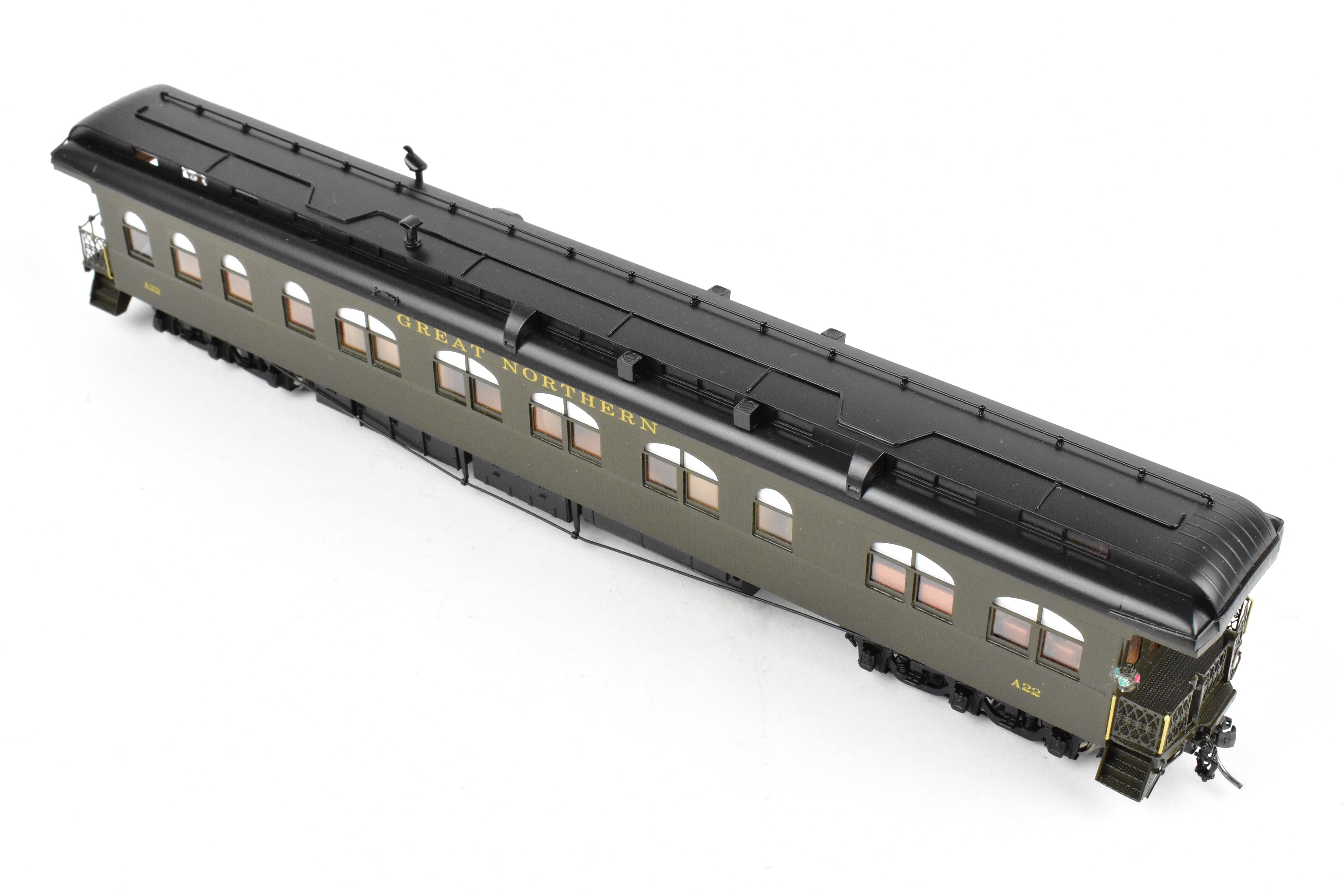 HO Scale Brass Model Train - North Bank Line (GN - Great Northern) A22 Business Car with Wood Sides in Pullman Green, Damaged - Sold As Is