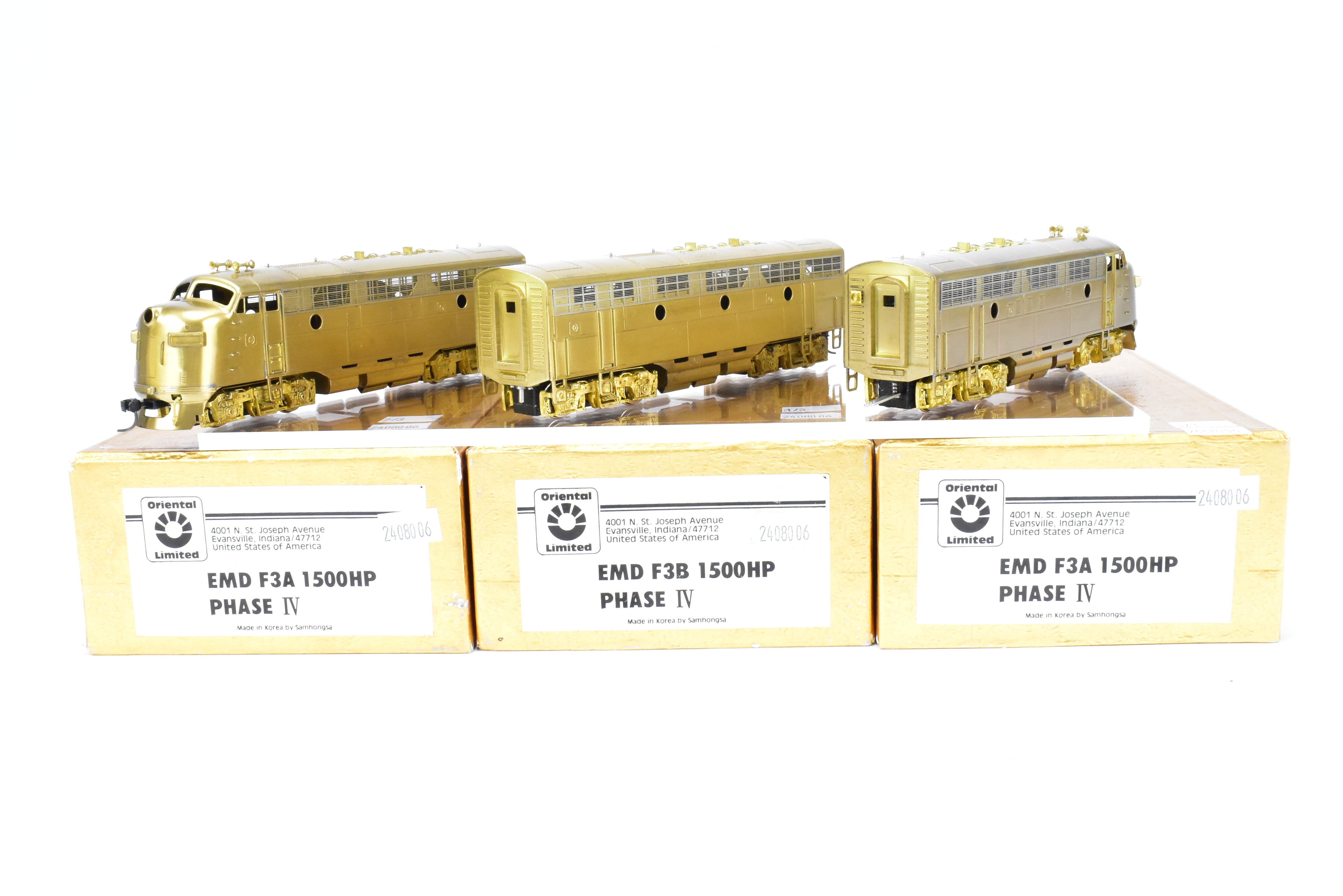 HO Scale Brass Oriental Limited Model Train Various Road EMD F3A/F3B/F3A Phase IV 1500 HP 3-Unit Set for Collectors