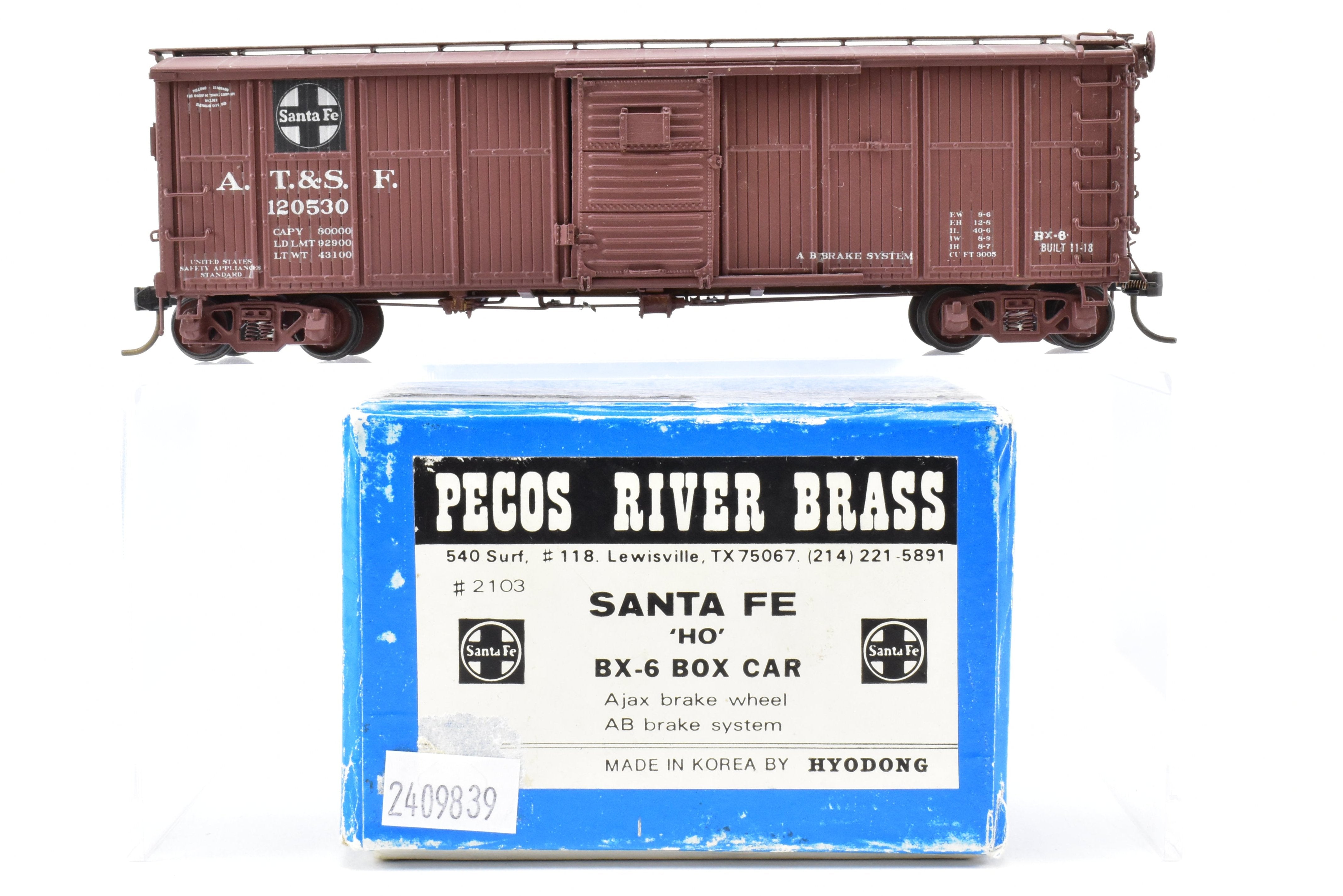 HO Scale Brass Model of Pecos River Brass ATSF - Santa Fe Bx - 6 Boxcar Featuring Ajax Brake Wheel and AB Brake System, Car Numbered CP #120530