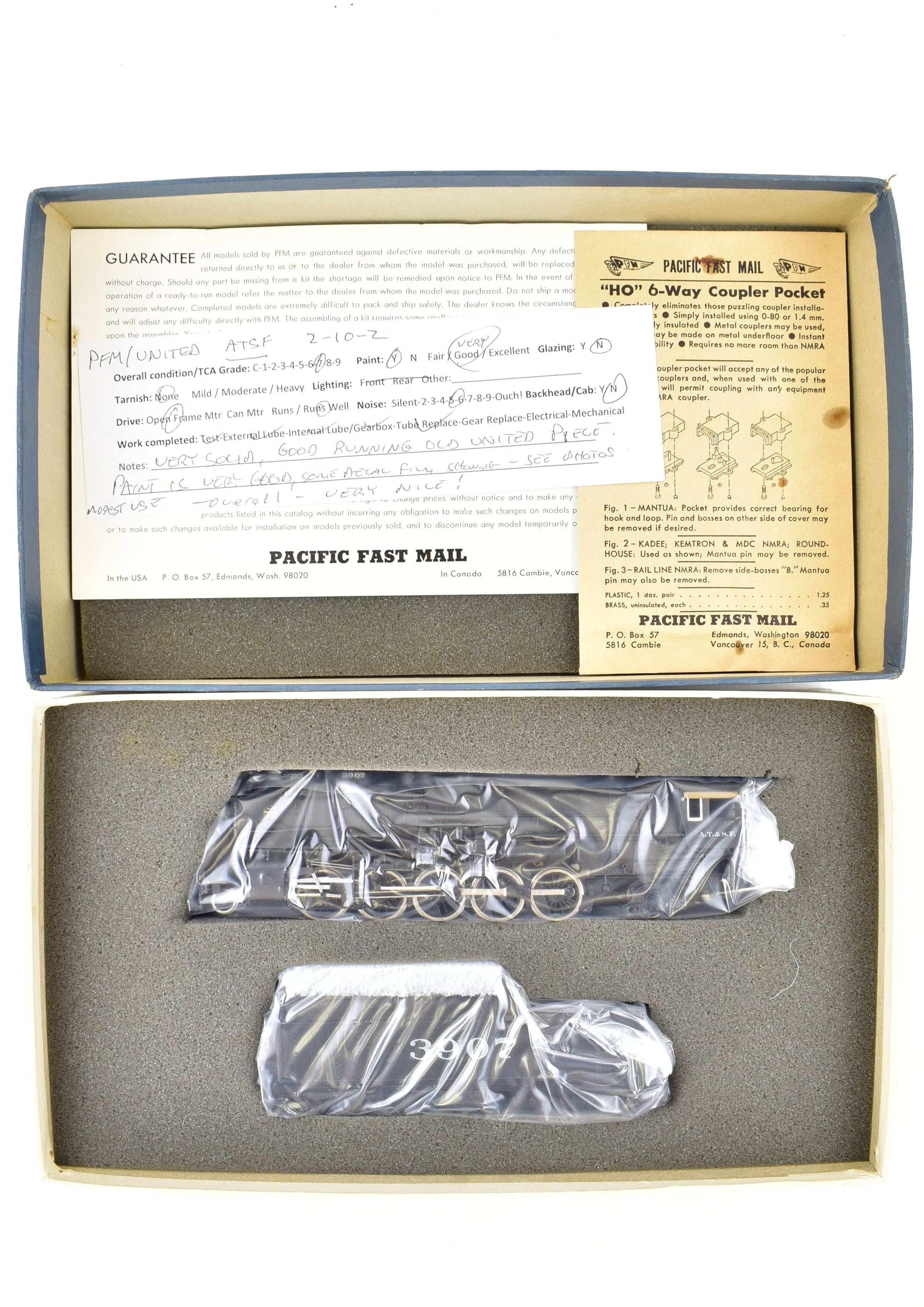 High - Quality HO Scale Brass Pacific Fast Mail Model Train - United ATSF - Santa Fe 2 - 10 - 2 3800 Class, Custom - Painted No. 3907