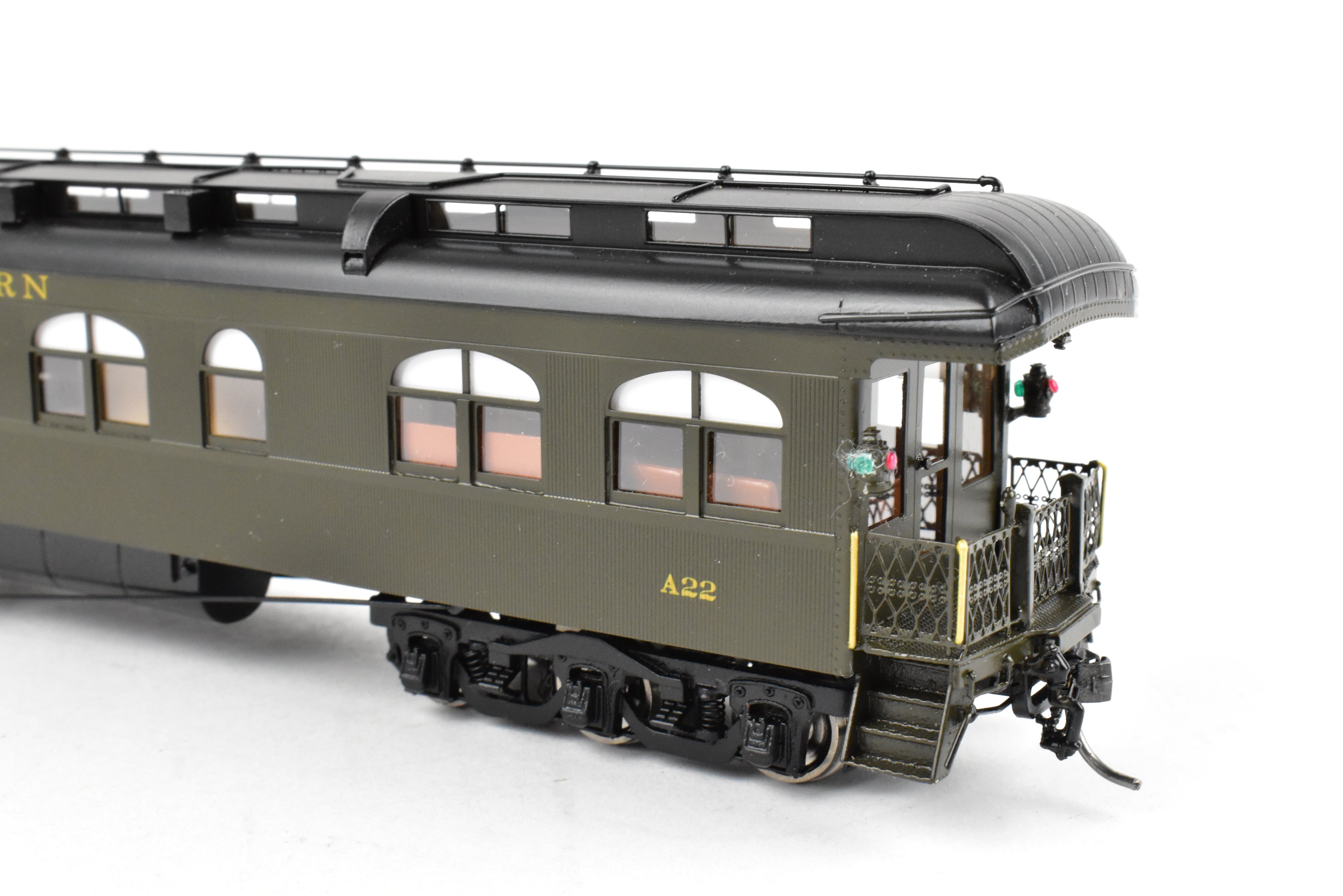 HO Scale Brass Model Train - North Bank Line (GN - Great Northern) A22 Business Car with Wood Sides in Pullman Green, Damaged - Sold As Is