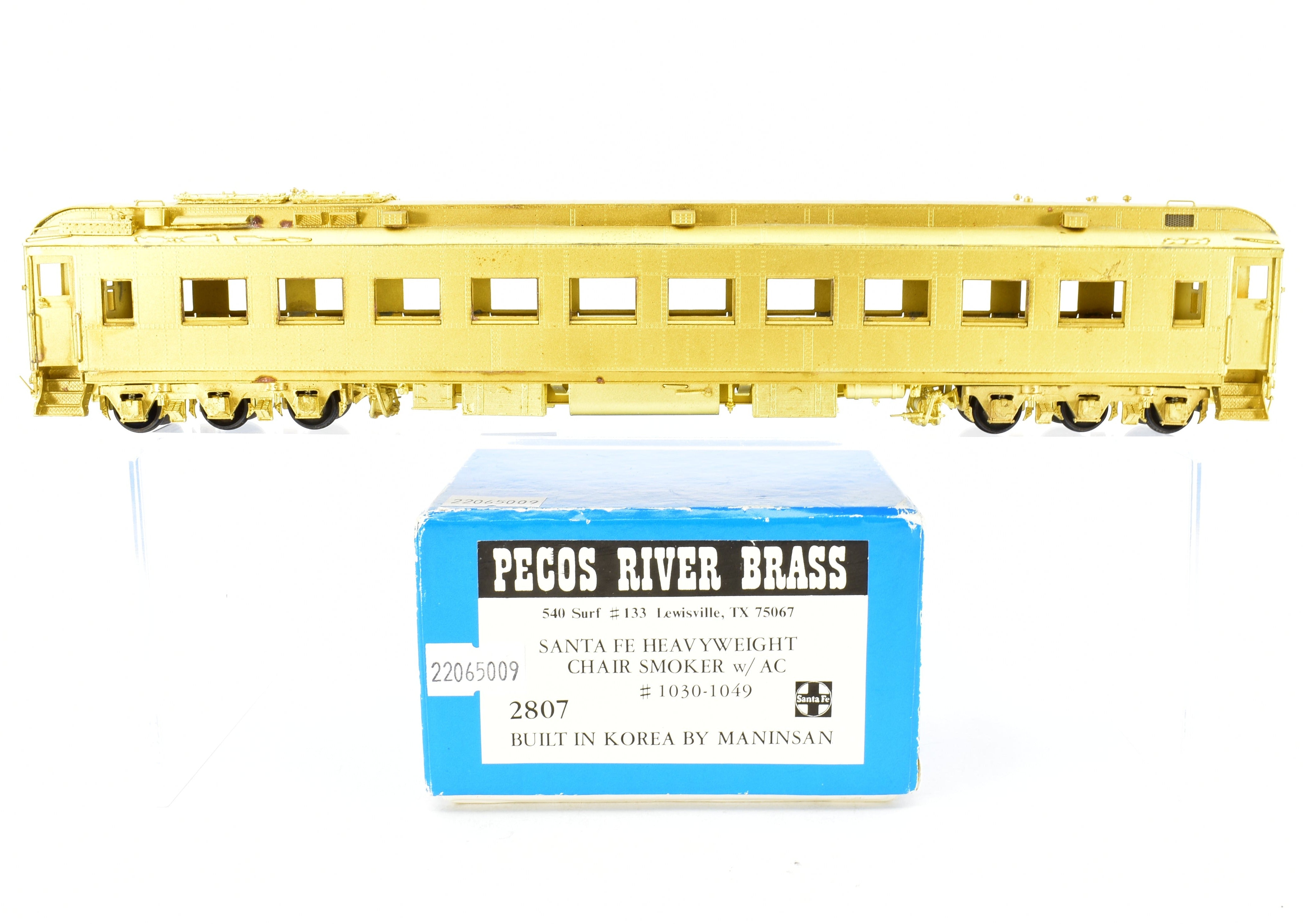 HO Scale Brass Model of Pecos River Brass ATSF - Santa Fe Heavyweight Chair Smoker with AC, Numbered from 1039 to 1049