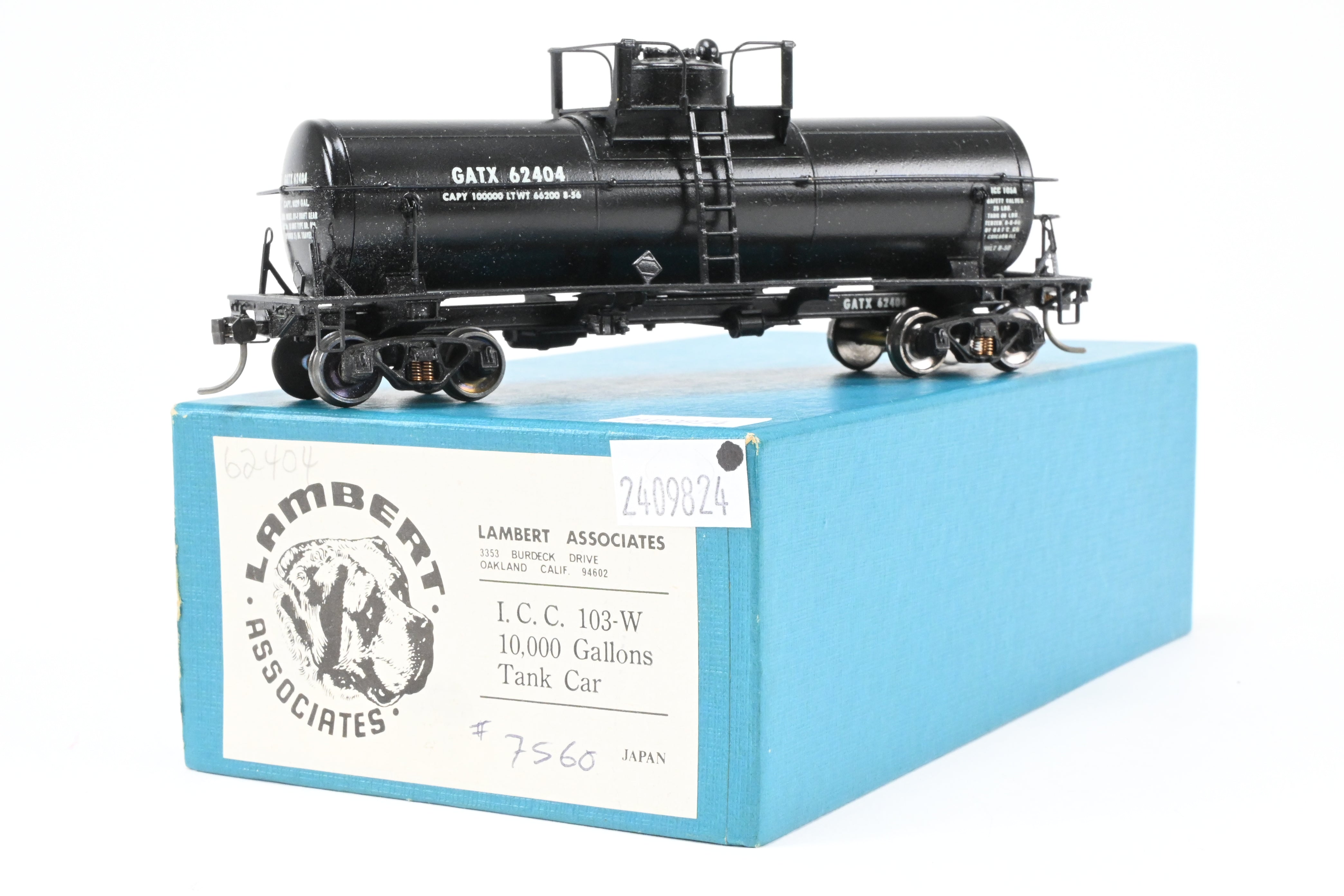 HO Scale Brass Lambert Custom Painted 10,000 Gallon Type 103 Tank Car for Various Roads, Featuring GATX - General American Tank Number 62404