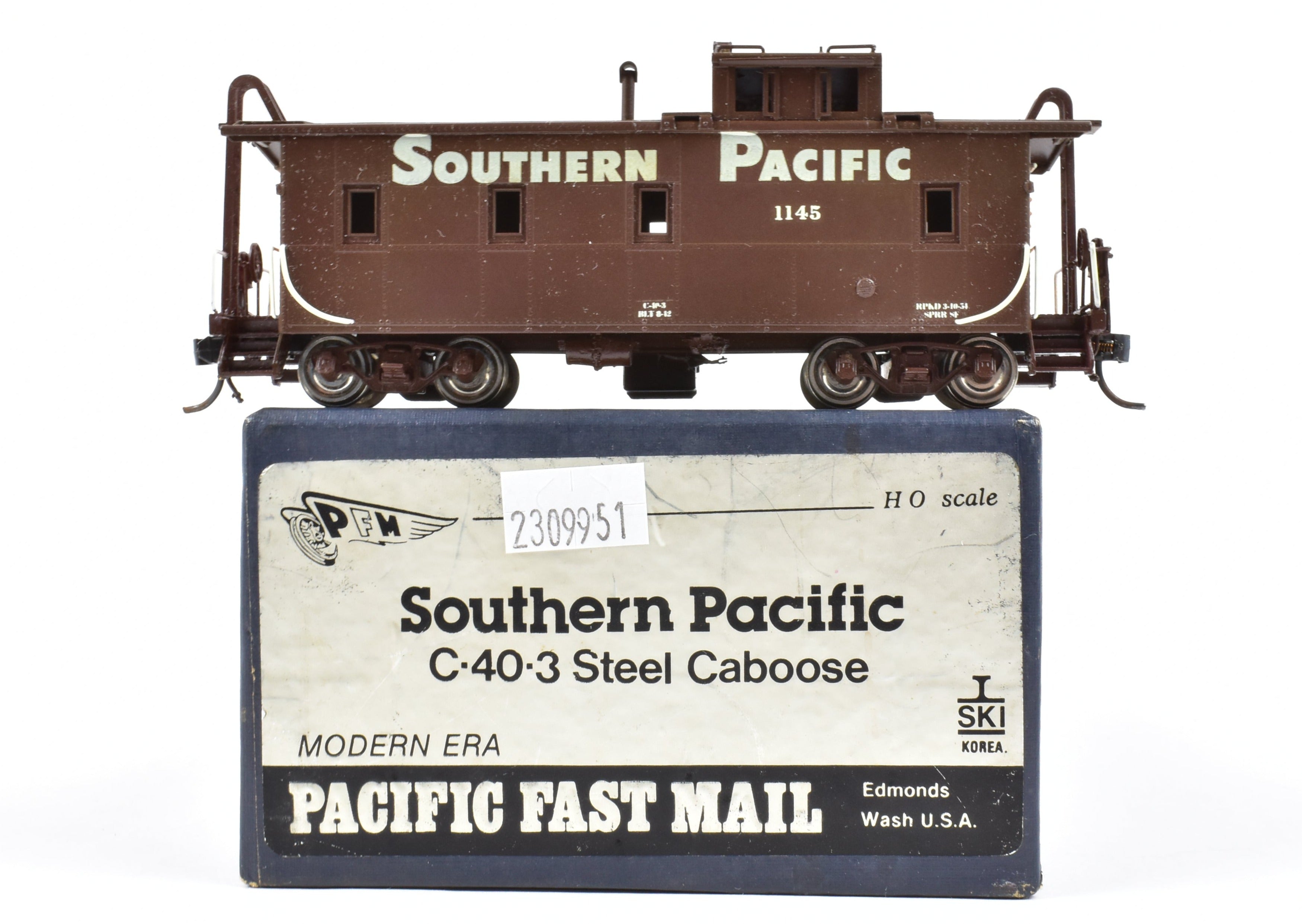 HO Scale Brass Pacific Fast Mail (PFM) SKI SP - Southern Pacific Modern Era C - 40 - 3 Steel Caboose Model Factory Painted with Road Number 1145