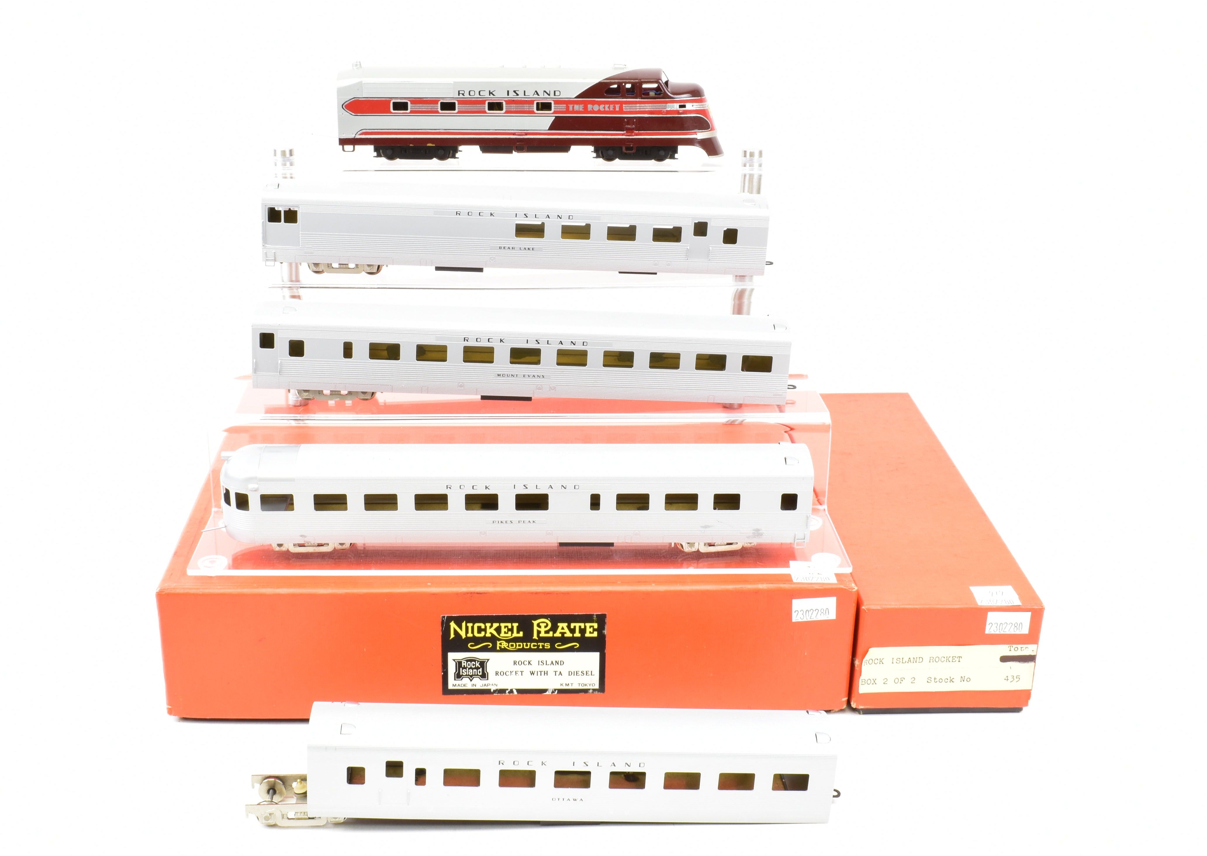 HO Scale Brass Nickel Plate Products CRI&P - Rock Island Rocket TA Locomotive and 4-Car Set with an Additional Factory-Painted Car