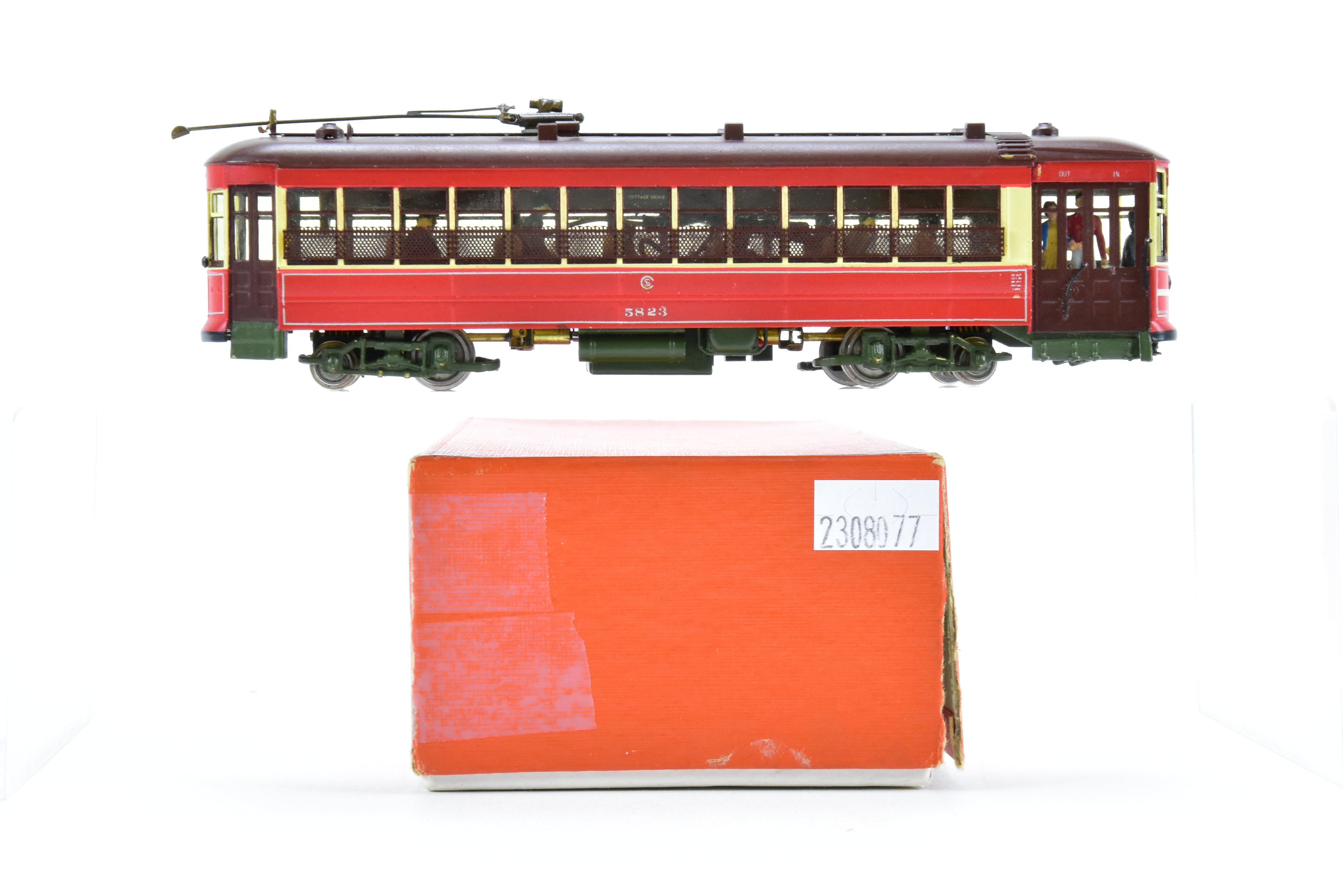 HO Scale Brass Model Train from MTS Imports - Chicago Surface Lines 5703 - 5827 Nearside Car C/P with Added Interior Details, Custom - Painted Unit #5823 in CSL's Creme and Red Colors, Incorrect Box Included